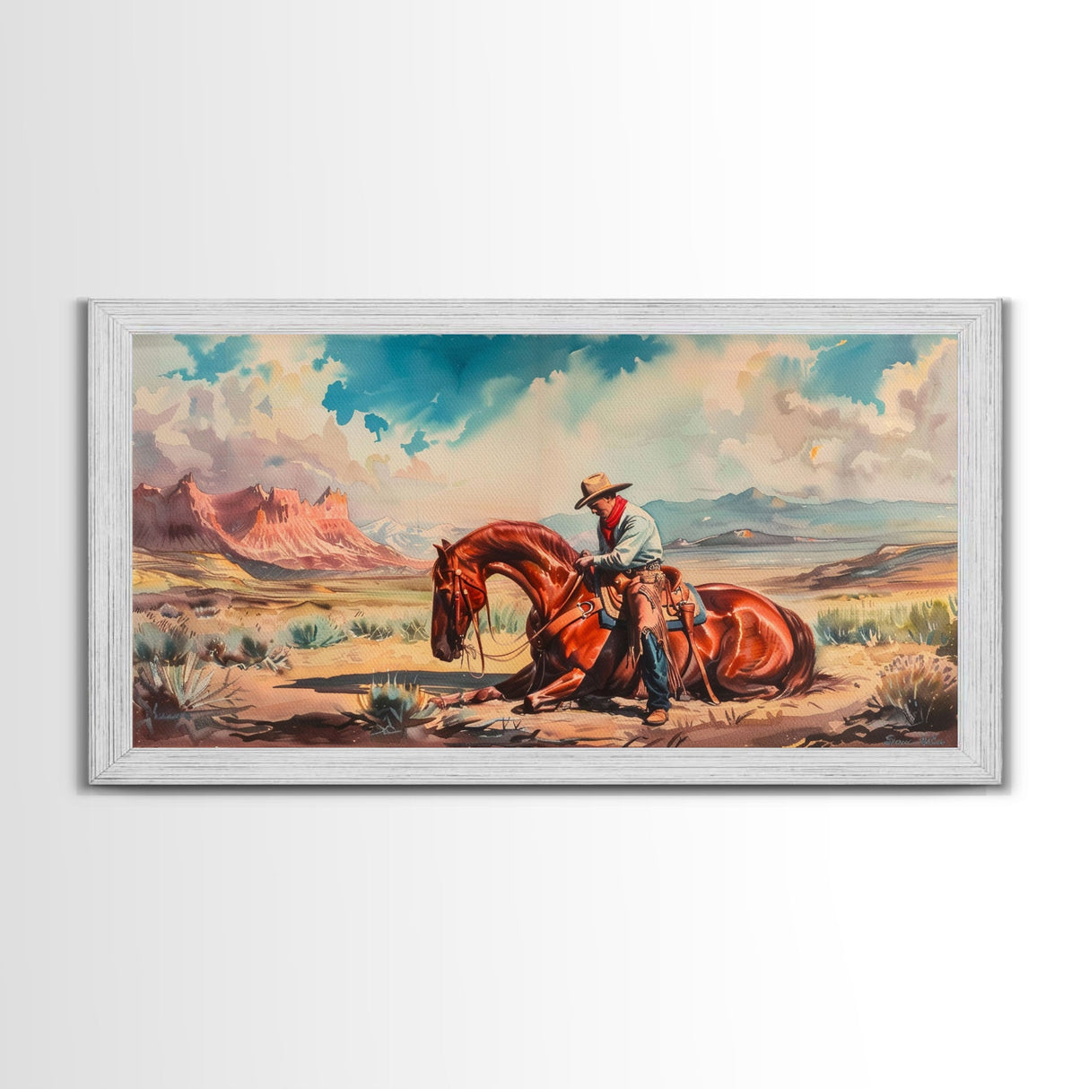 Cowboy Comforting Horse in Open Plains, Farmhouse Western Decor, Framed Canvas Print, Country Living Art, Rustic Wall Art for Home