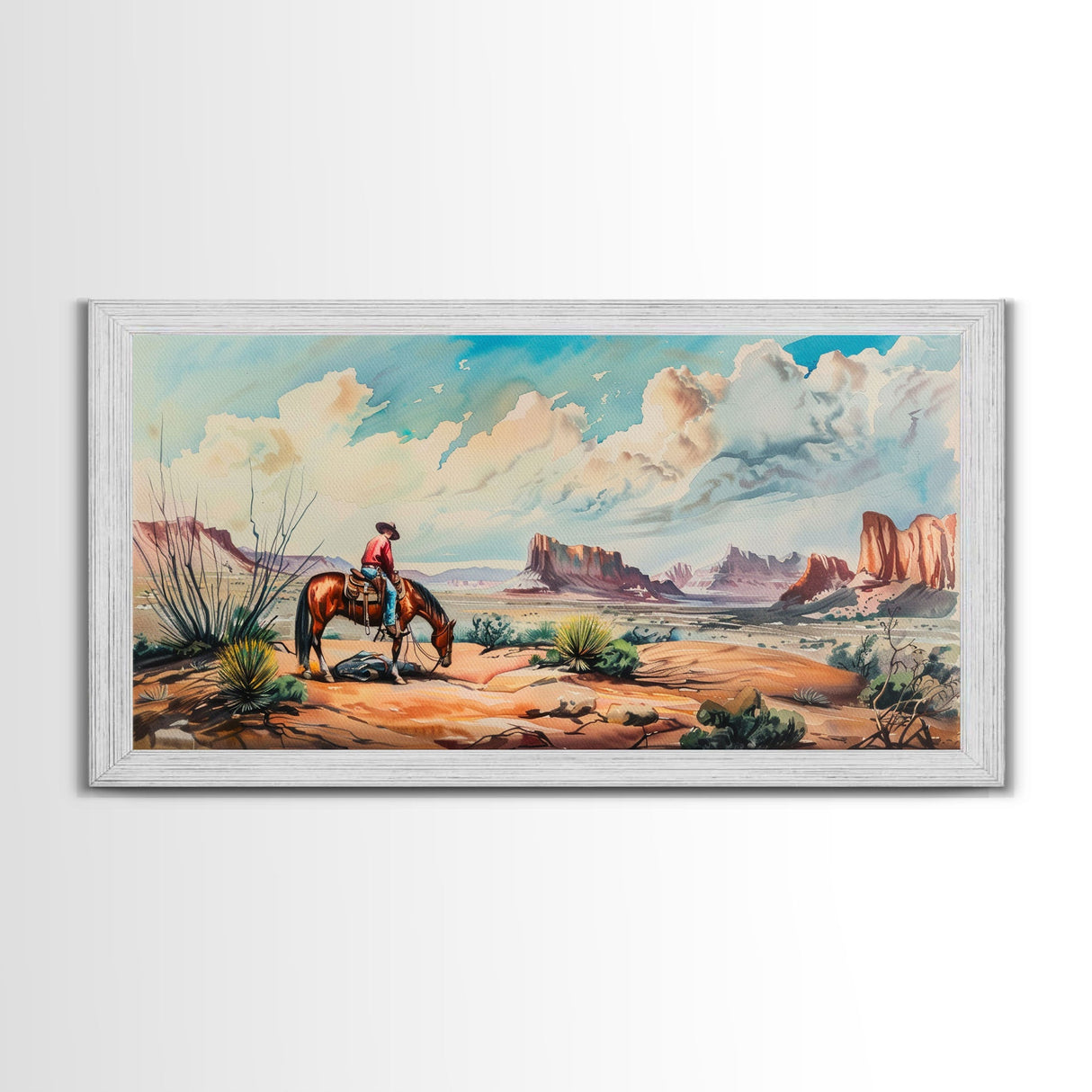 Cowboy Gazing Over Expansive Desert, Boho Western Landscape Art, Framed Canvas Print, Living Room Wall Decor, Rustic Country Style