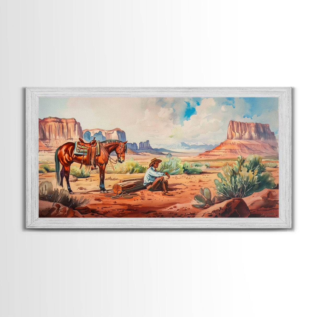 Cowboy Resting by Horse in Desert Scene, Rustic Farmhouse Art, Framed Canvas Print, Western Decor, Living Room Wall Art, Country Style