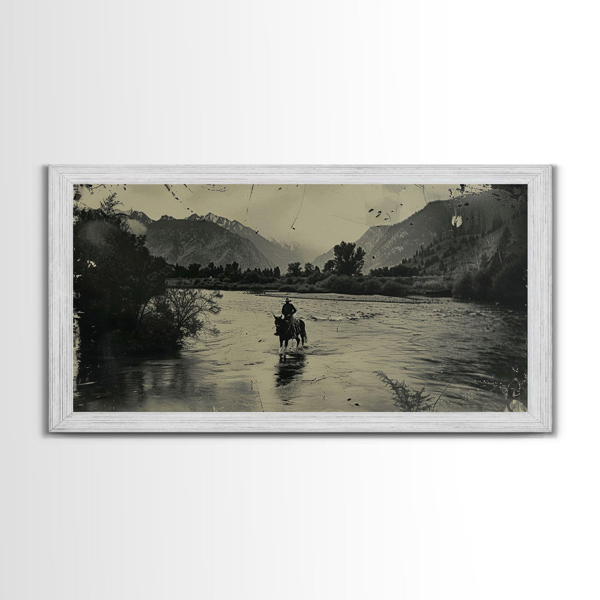 Cowboy Crossing River with Mountains, Framed Canvas Print for Western Living Room Decor, Ideal Bedroom Wall Art, Rustic Scene
