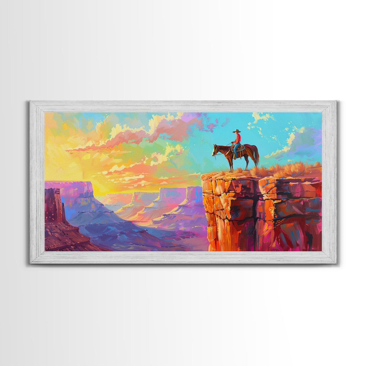 Cowboy on Horse Overlooking Canyon Sunset, Farmhouse Style Framed Canvas Print for Living Room Wall Art, Vibrant Home Decor, Western Scene