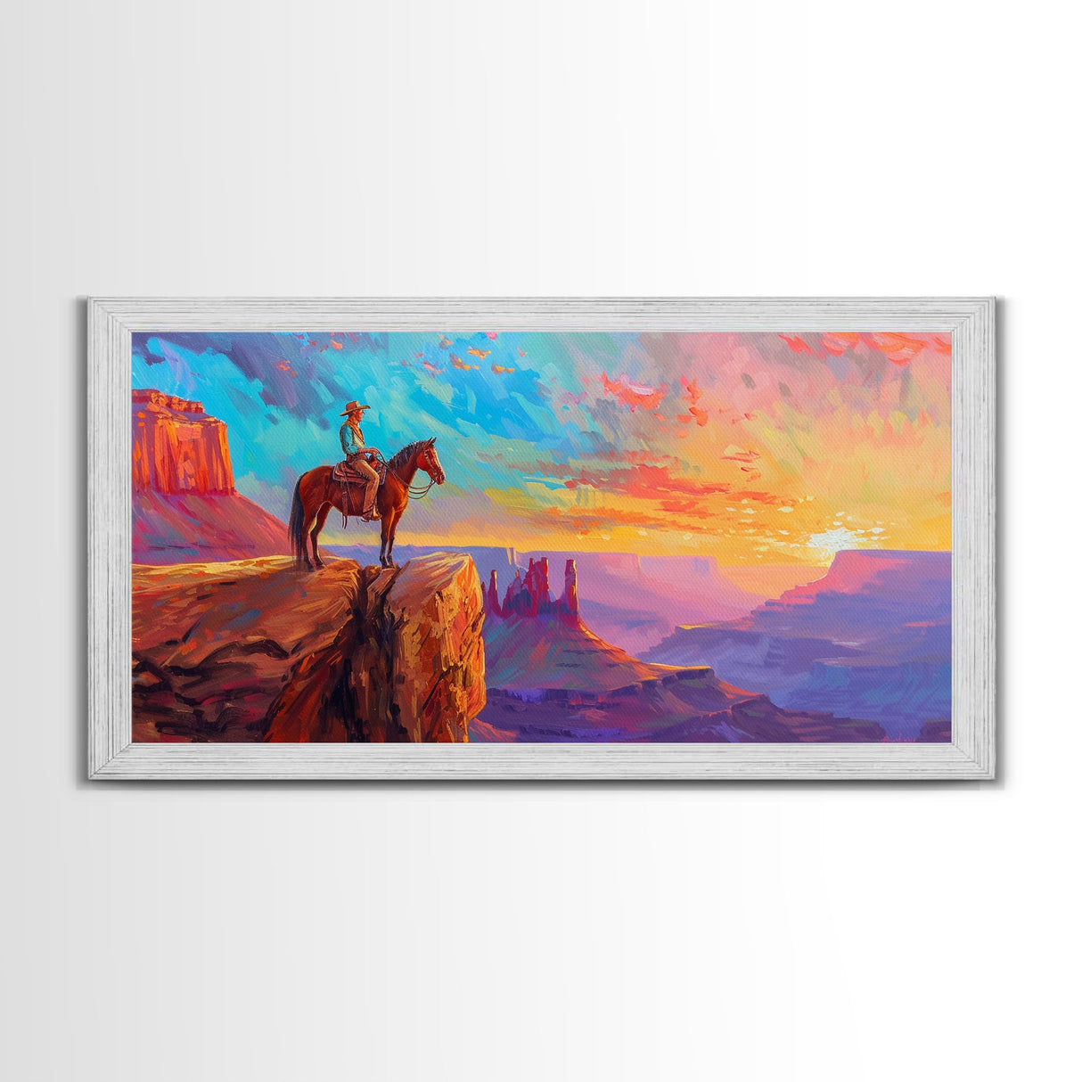 Cowboy and Horse with Canyon View, Farmhouse Style Framed Canvas Print for Bedroom Wall Art, Vibrant Home Decor, Western Scenic Art