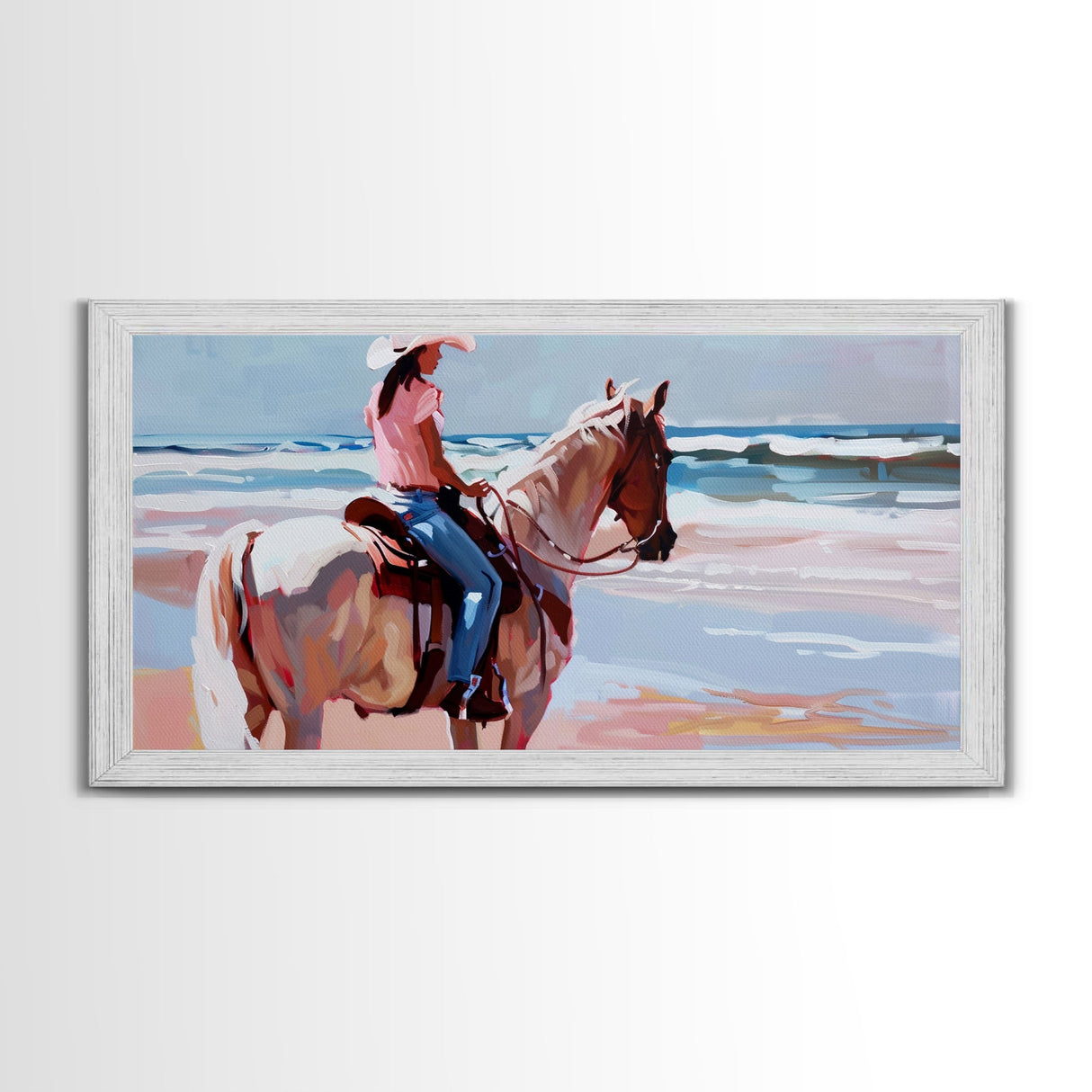 Horseback Riding by the Sea, Calm Framed Canvas Print, Perfect for Coastal Living Room Art, Beach Bedroom Decor, Equestrian Wall Art