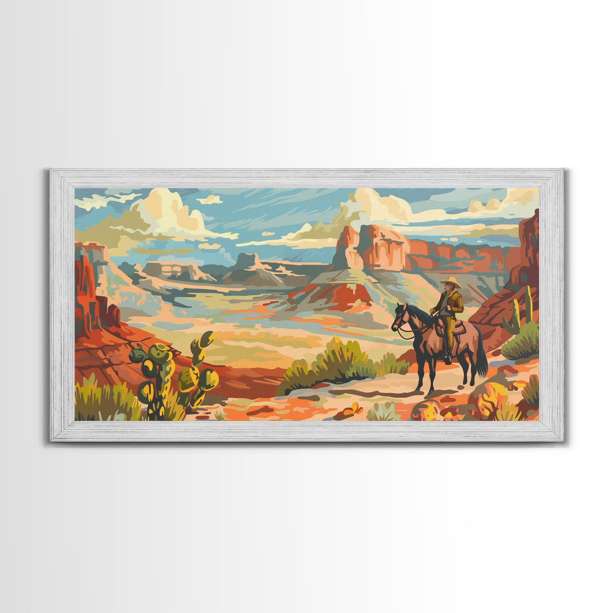 Cowboy Riding through Canyon, Framed Canvas Print for Rustic Living Room Decor, Western Art for Home and Bedroom Decoration