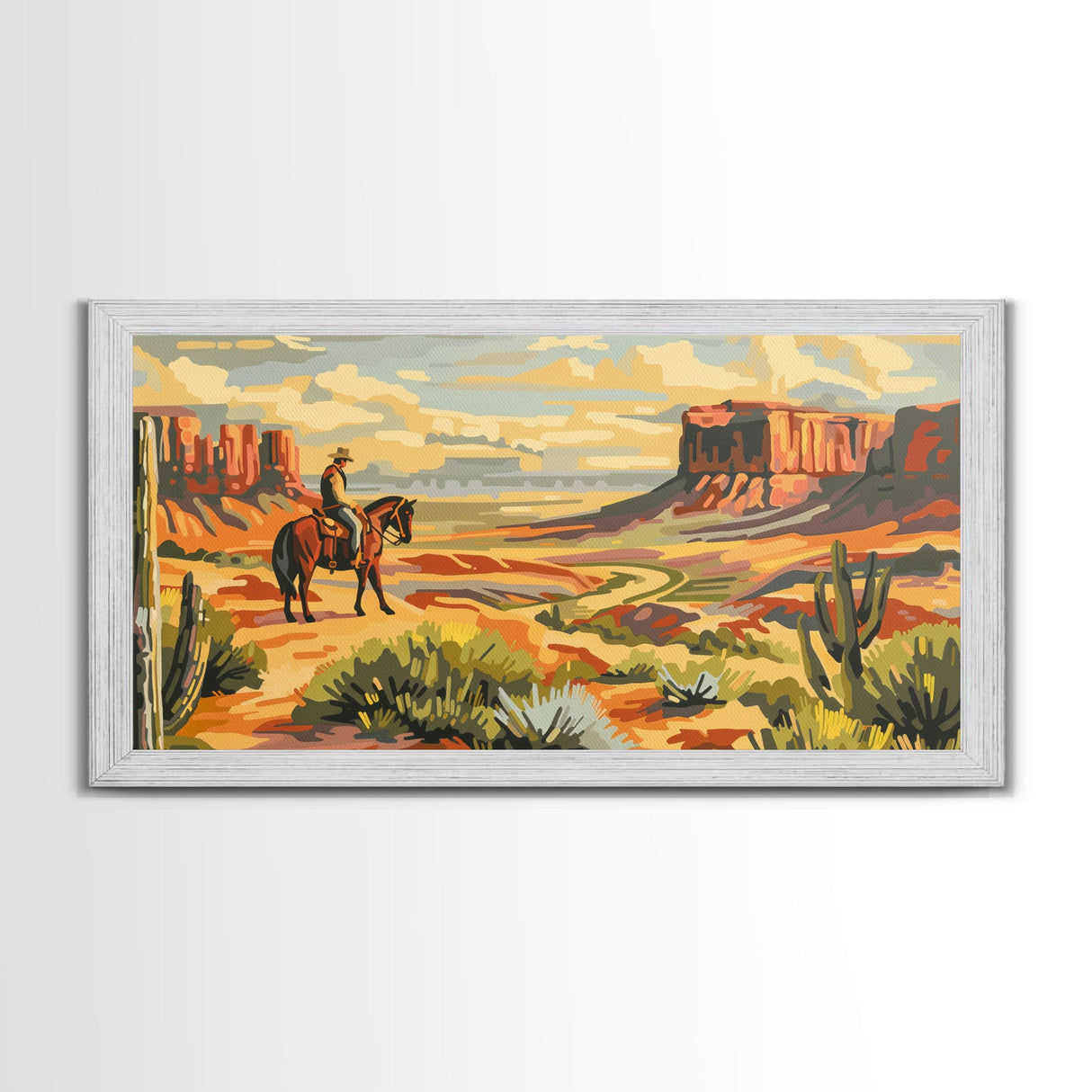 Cowboy Overlooking Desert Canyon, Framed Canvas Print for Rustic Living Room Decor, Western Wall Art, Home and Bedroom Decoration