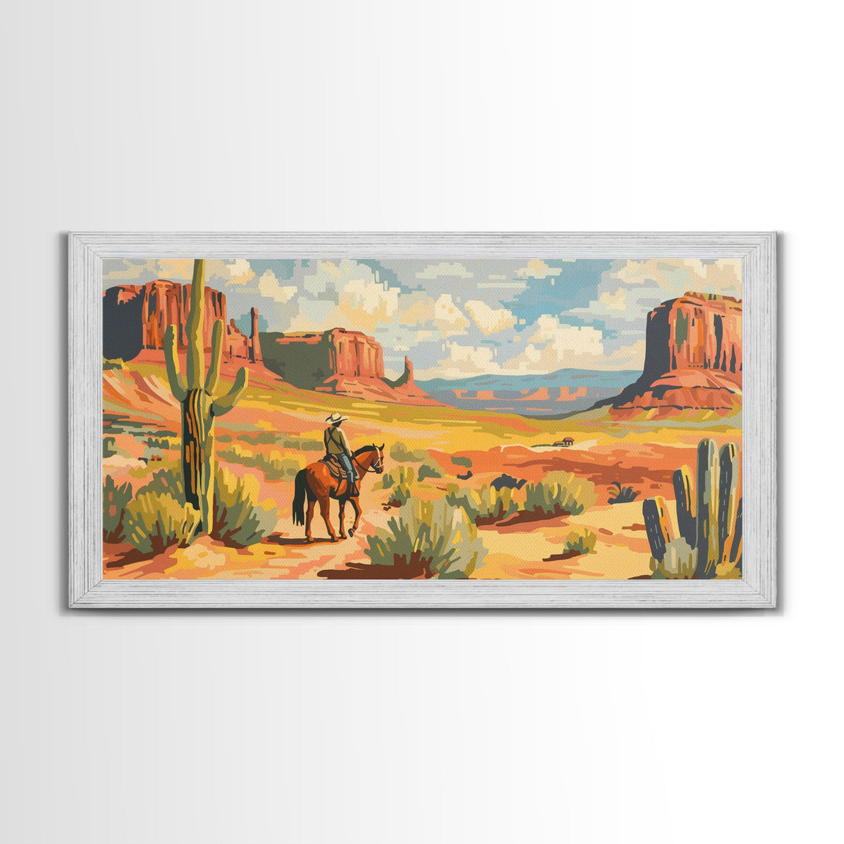 Cowboy in Desert Valley, Framed Canvas Print for Rustic Living Room Decor, Western Art for Home and Bedroom Decoration