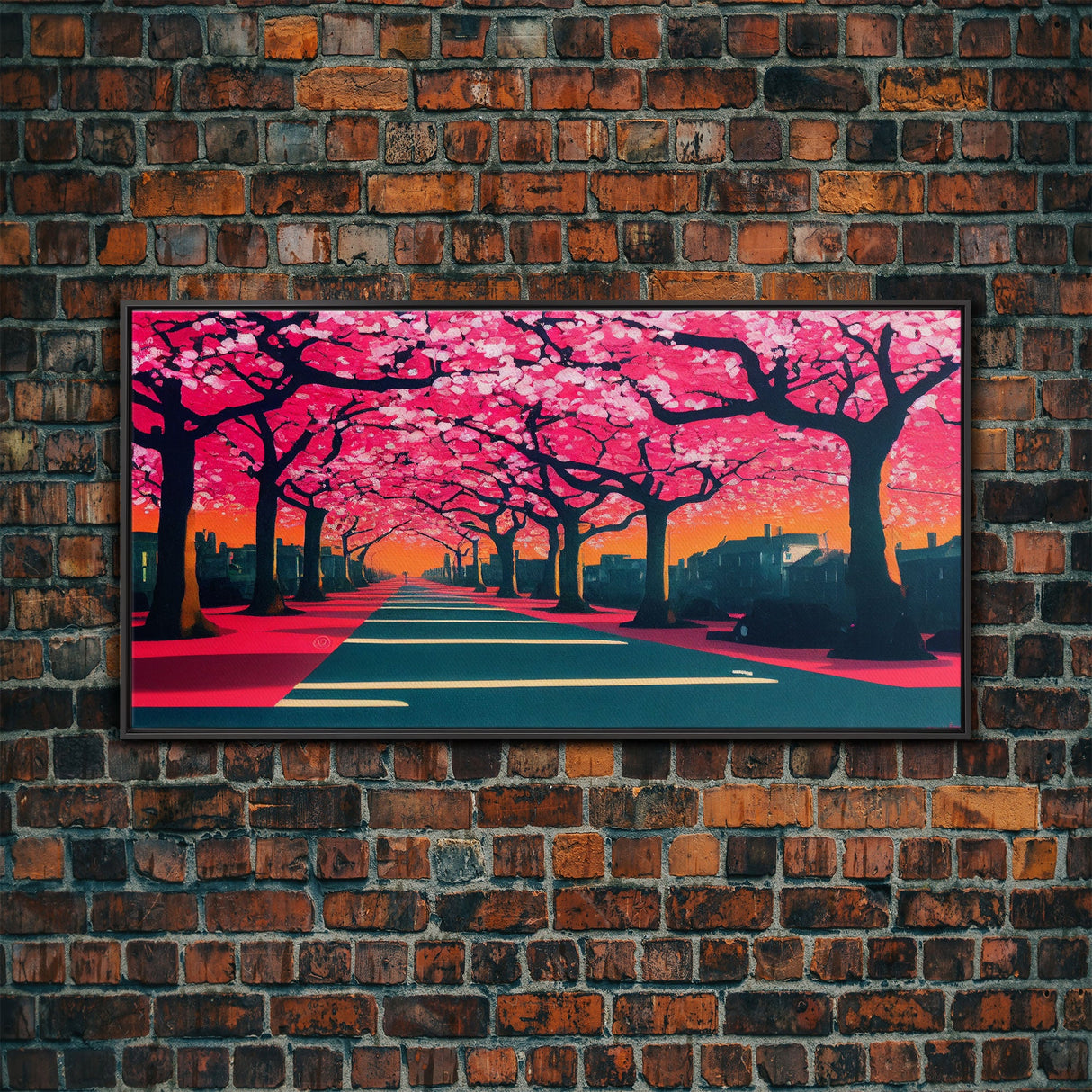Street lined with Cherry Blossoms, Cherry Blossom Tree Art, Framed Canvas Print, Ready To Hang Wall Art, Framed Wall Art