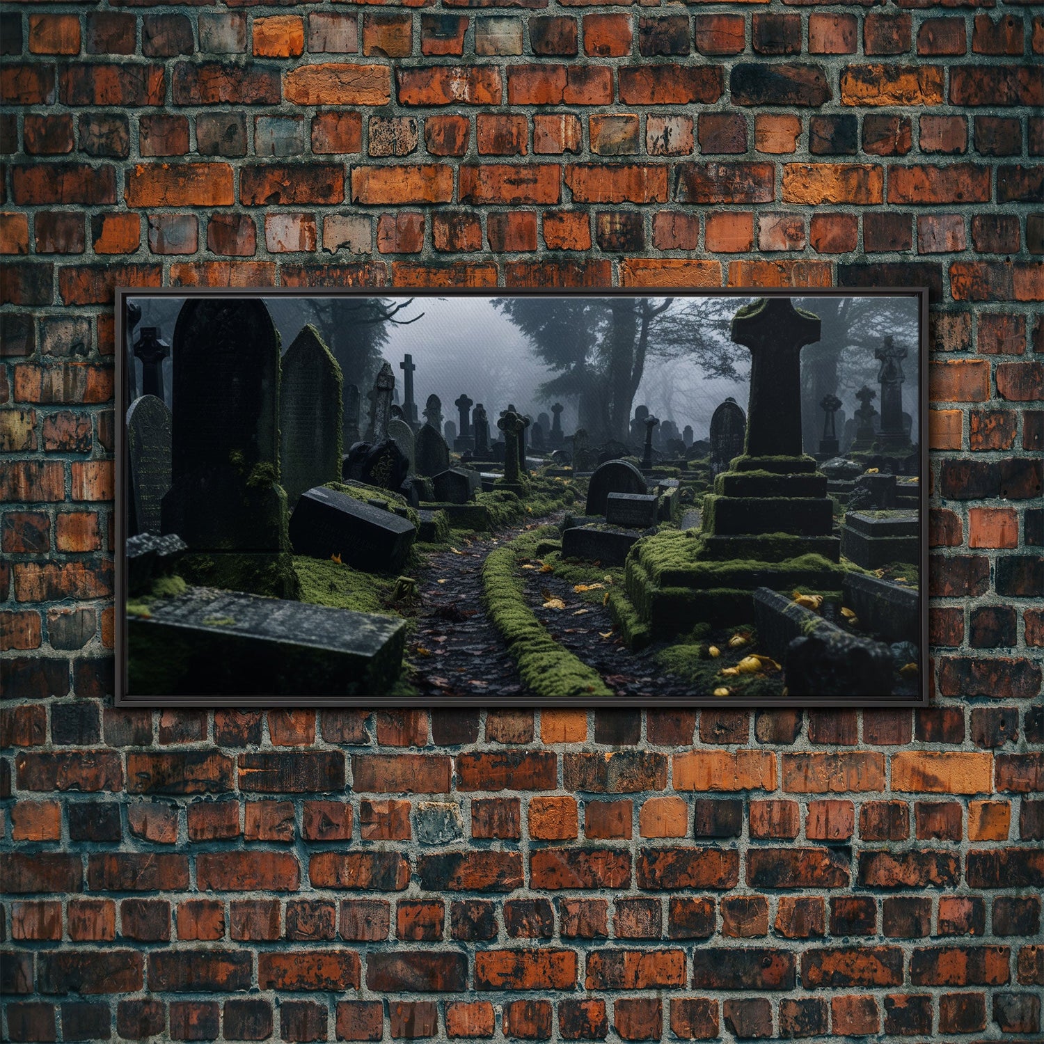 Moss Covered Cemetary, Haunted Graveyard Photography, Halloween Decor, Framed Canvas Print, Halloween Wall Art