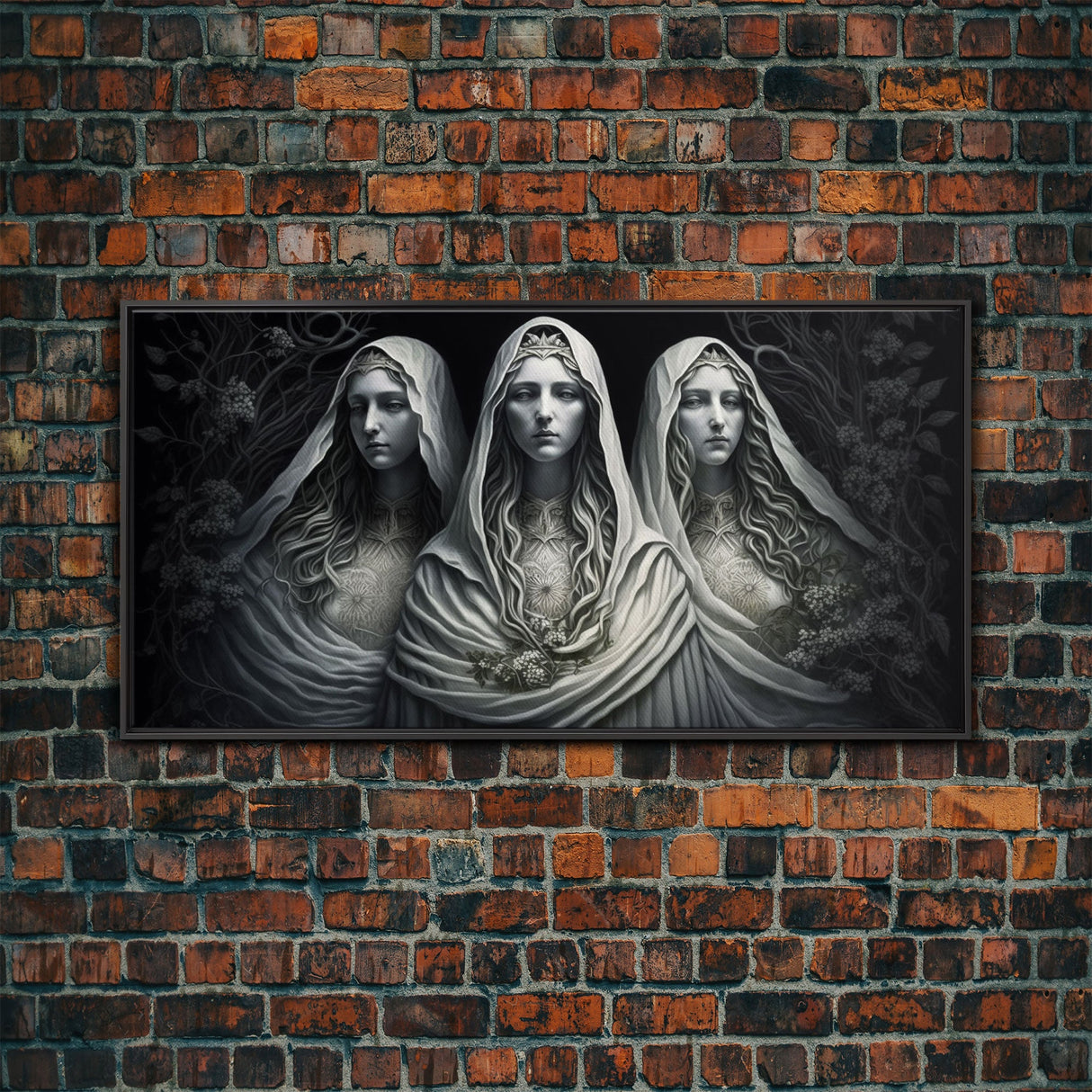 The Norns, Norse Mythology, Weavers of Fate, Framed Canvas Print, Urðr, Verðandi, and Skuld, Black and White Norse Fantasy Art