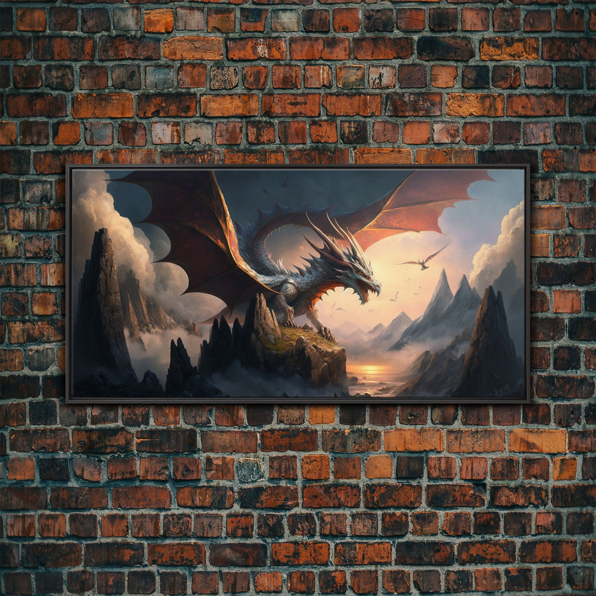 White Dragon on a Mountain Top, Fantasy Art, Framed Canvas Print, Medieval Fantasy Art, Fire breathing dragons