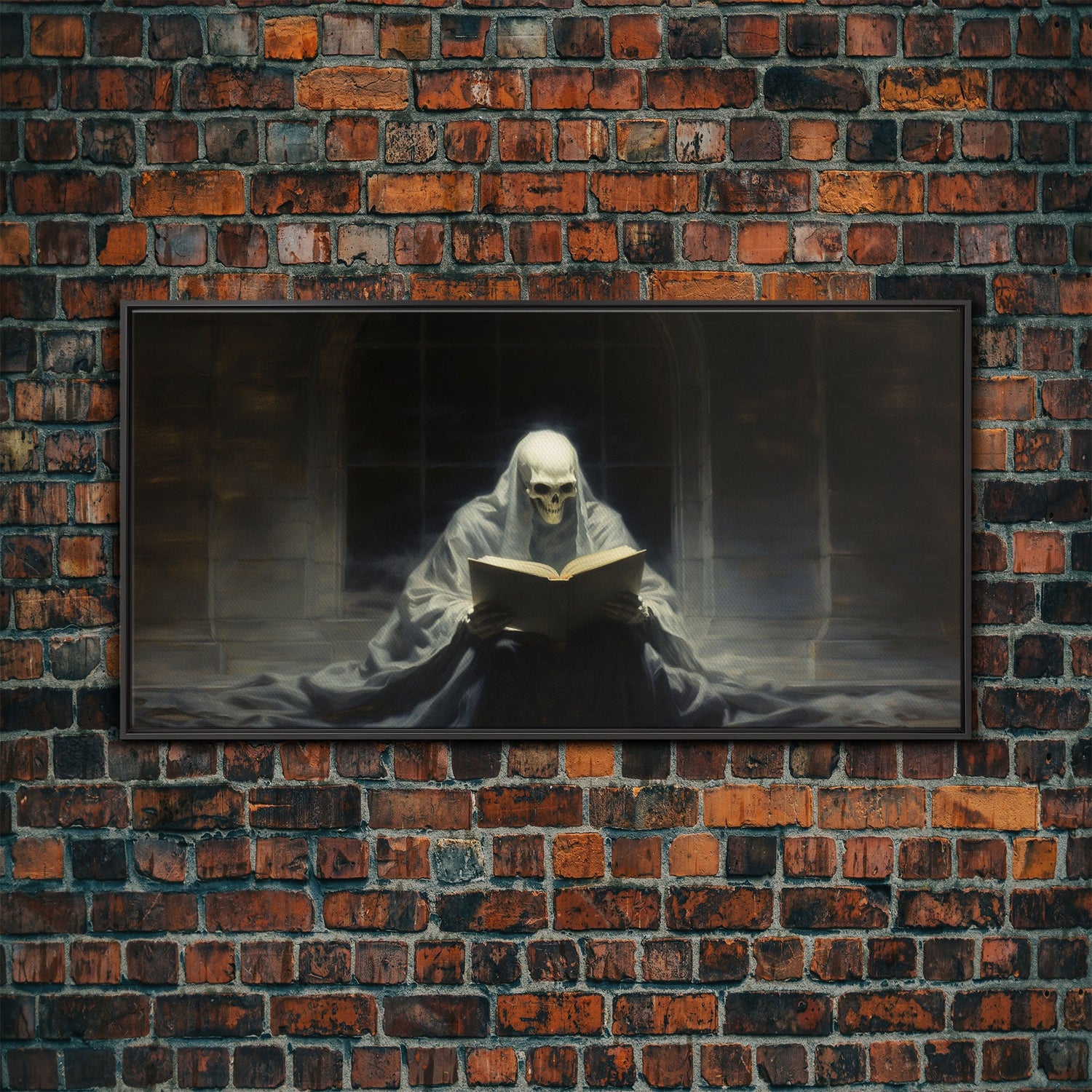 Grim Reaper Reading A Book In A Haunted Library, Framed Canvas Print, Victorian Oil Painting Style, Spooky Halloween Decor, Goth Art