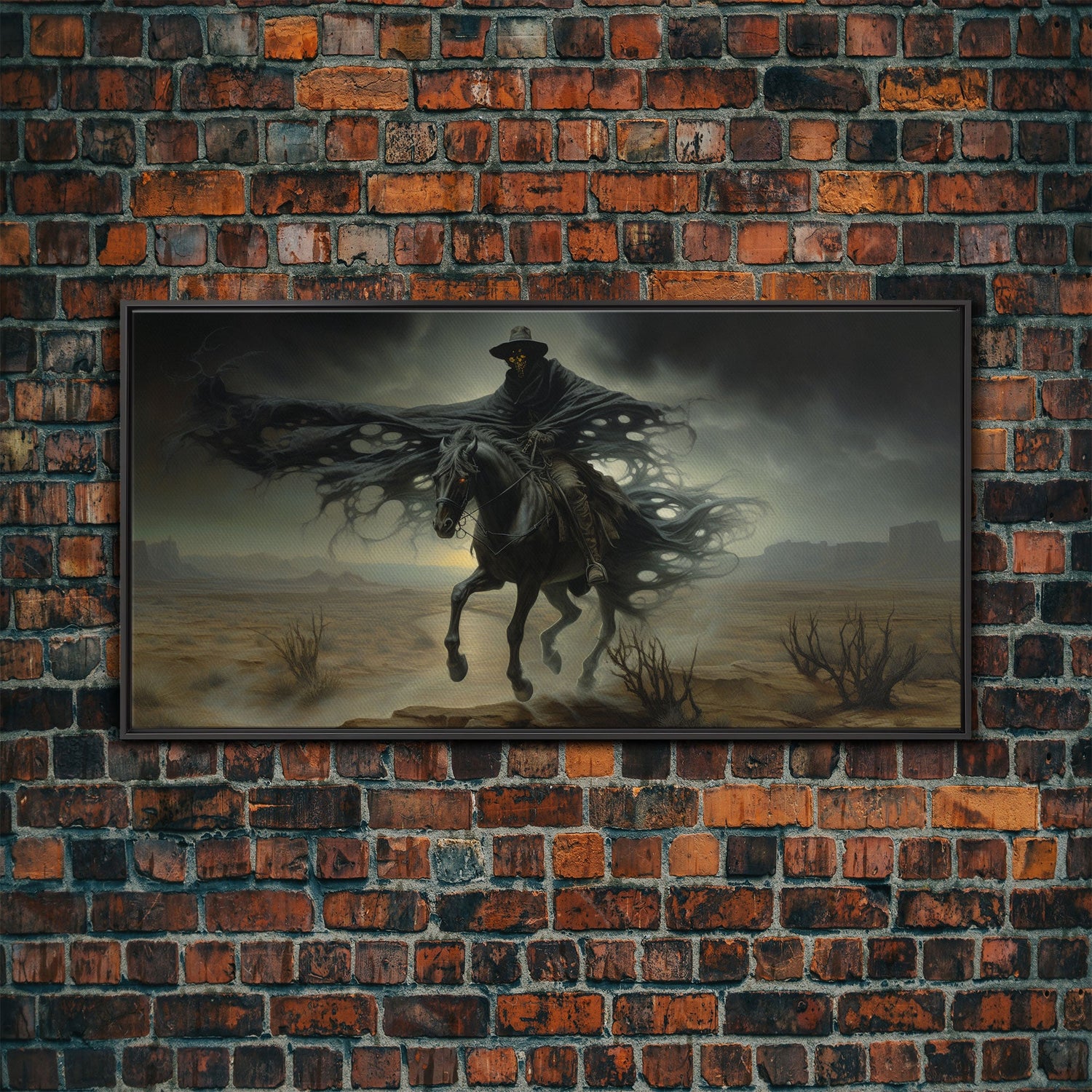 Ghost Cowboy Art, Framed Canvas Print, Halloween art, spooky decor, cowboy art, western decor, grim reaper on a horse in the desert