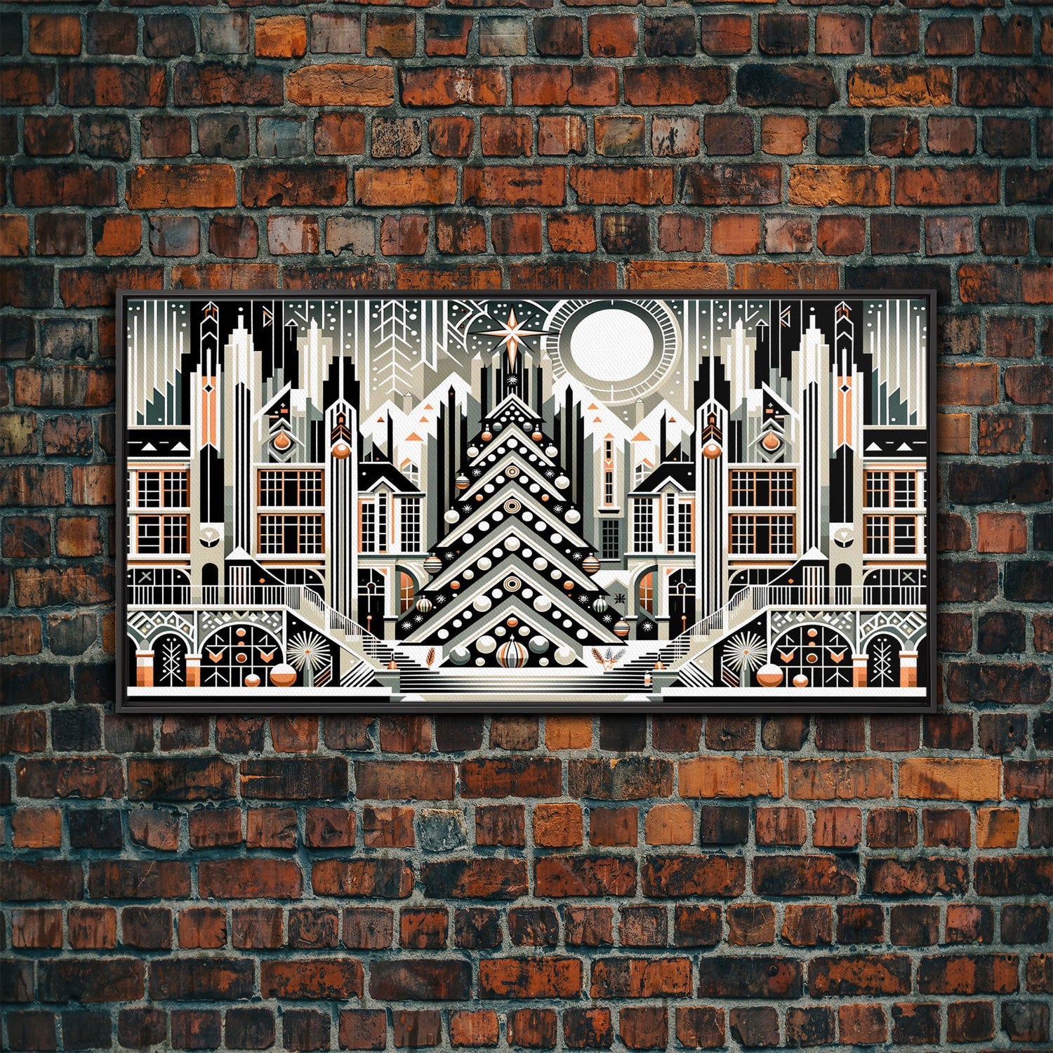 Art Deco Pattern Christmas Village - Framed Canvas Print - Retro Xmas Art - Christmas Decor - Christmas Wall Art - Christmas Art - Art Deco