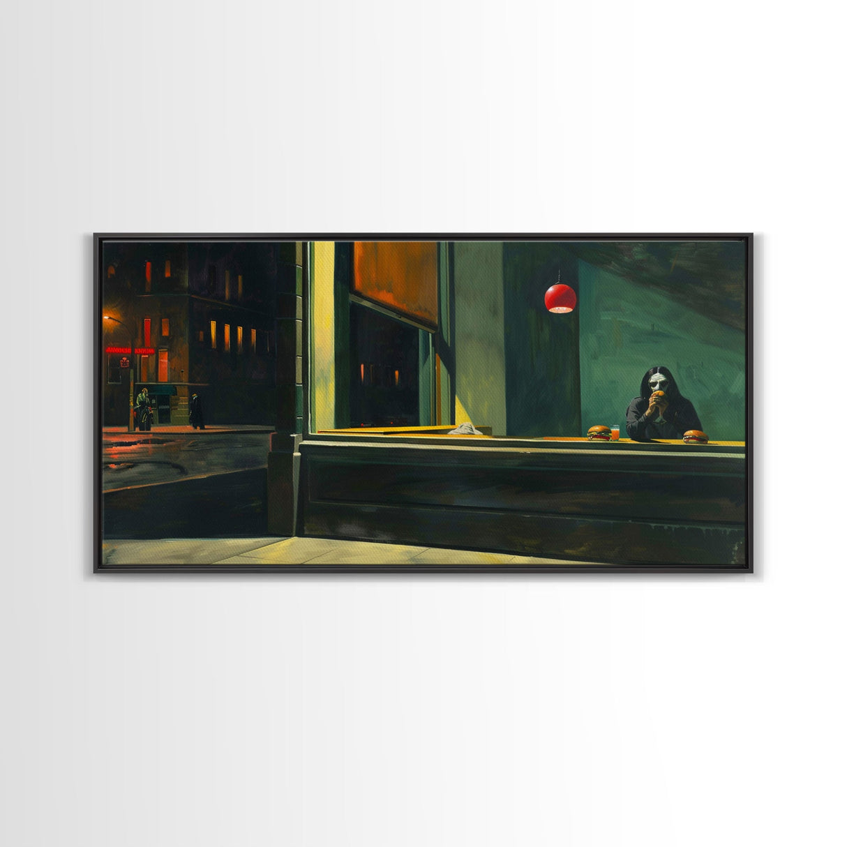 Demon Having a Cheeseburger in a Diner, Funny / Liminal Halloween Art, Framed Canvas Print