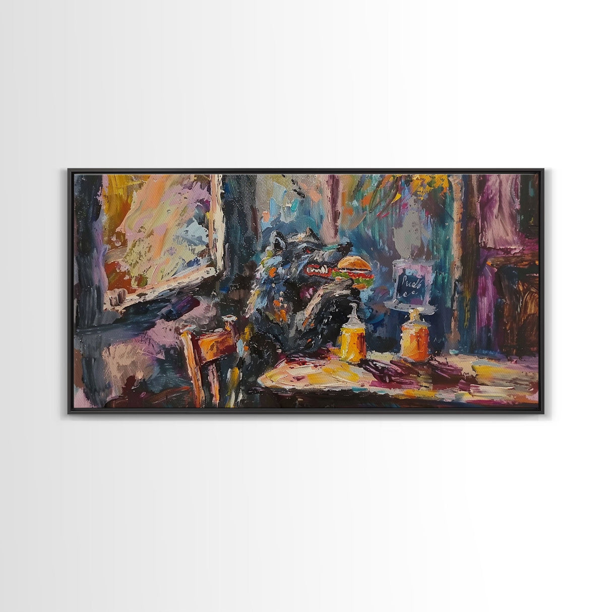 Funny Werewolf Having a Cheeseburger in a diner, framed canvas print, halloween decor