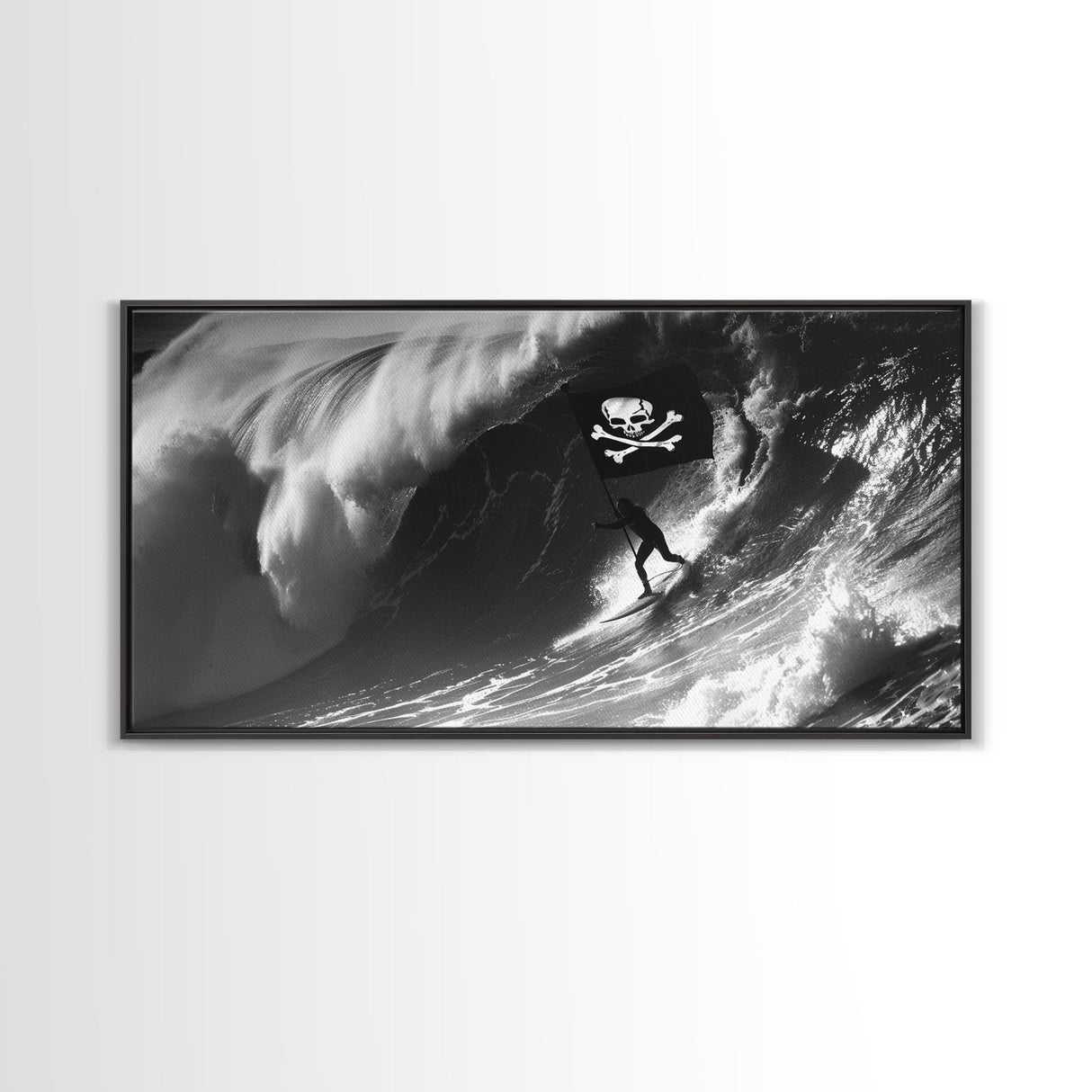 Pirate Surf - Framed Canvas Print - Black & White Photography Style Wall Art - Skull and Cross Bones Wall Art - Manly Decor - Mancave