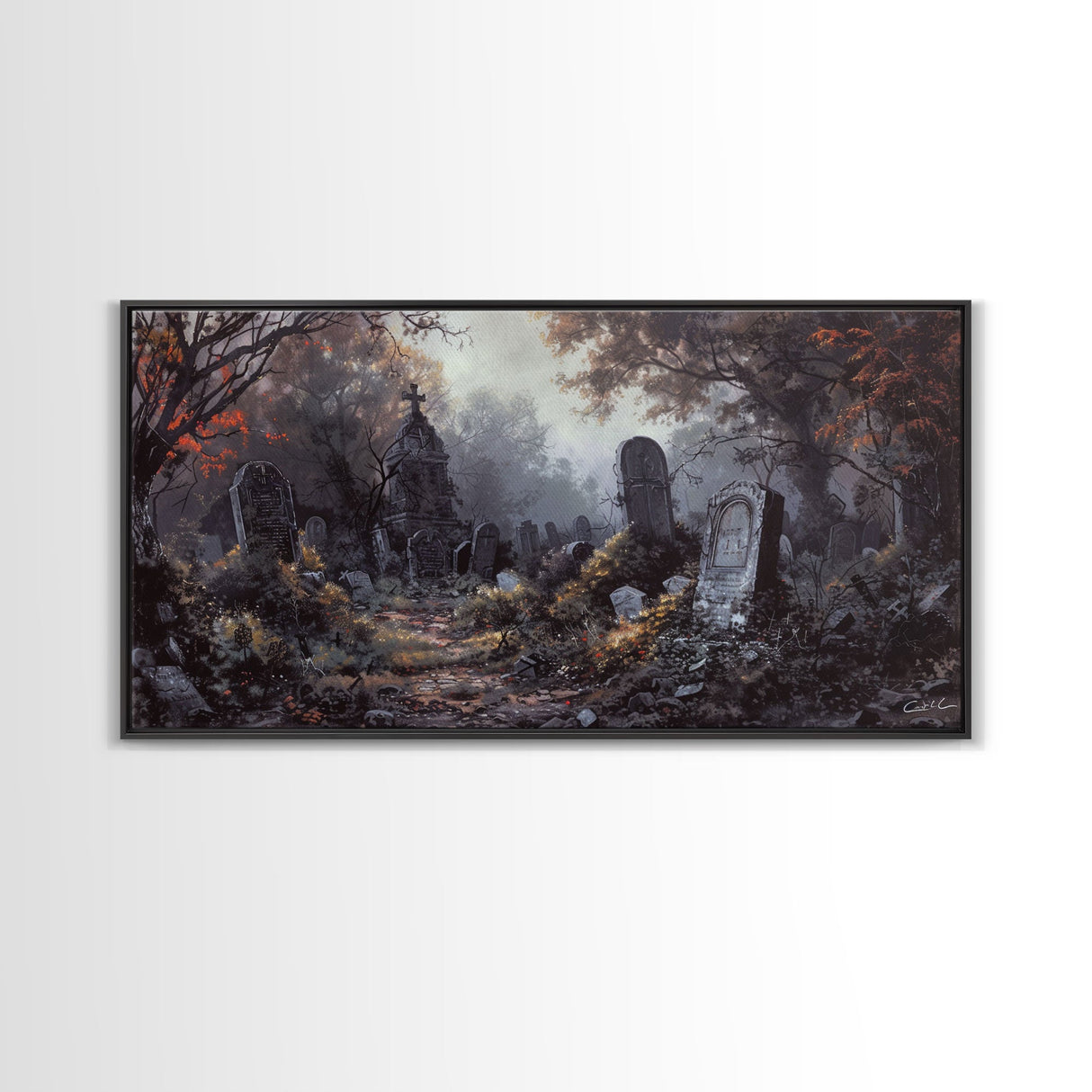 Haunted Cemetery Halloween Prop Framed Canvas Print | Spooky Season | Spooky Wall Art | Halloween Decor | Creepy Art Prints