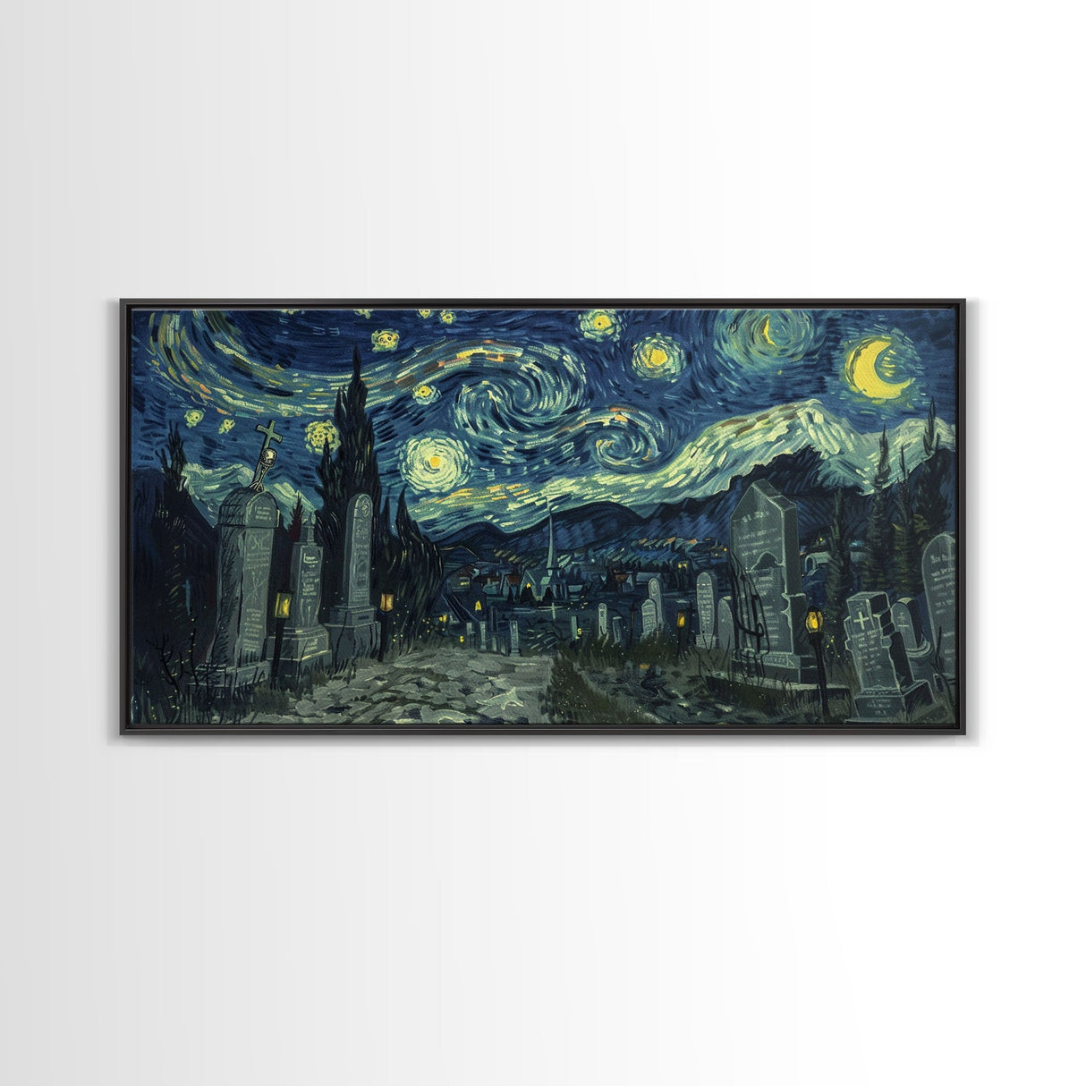 Haunted Graveyard Framed Canvas Print, Starry Night Van Gogh Inspired Halloween Decor, Spooky Vibes Halloween Gift