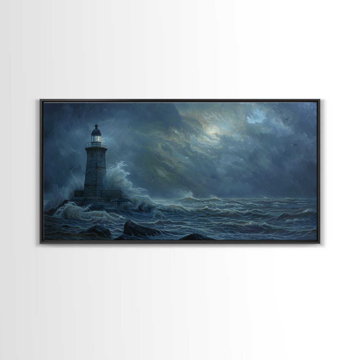 Lighthouse and the Storm, Framed Canvas Print, Unique Halloween Wall Art, Nautical Decor