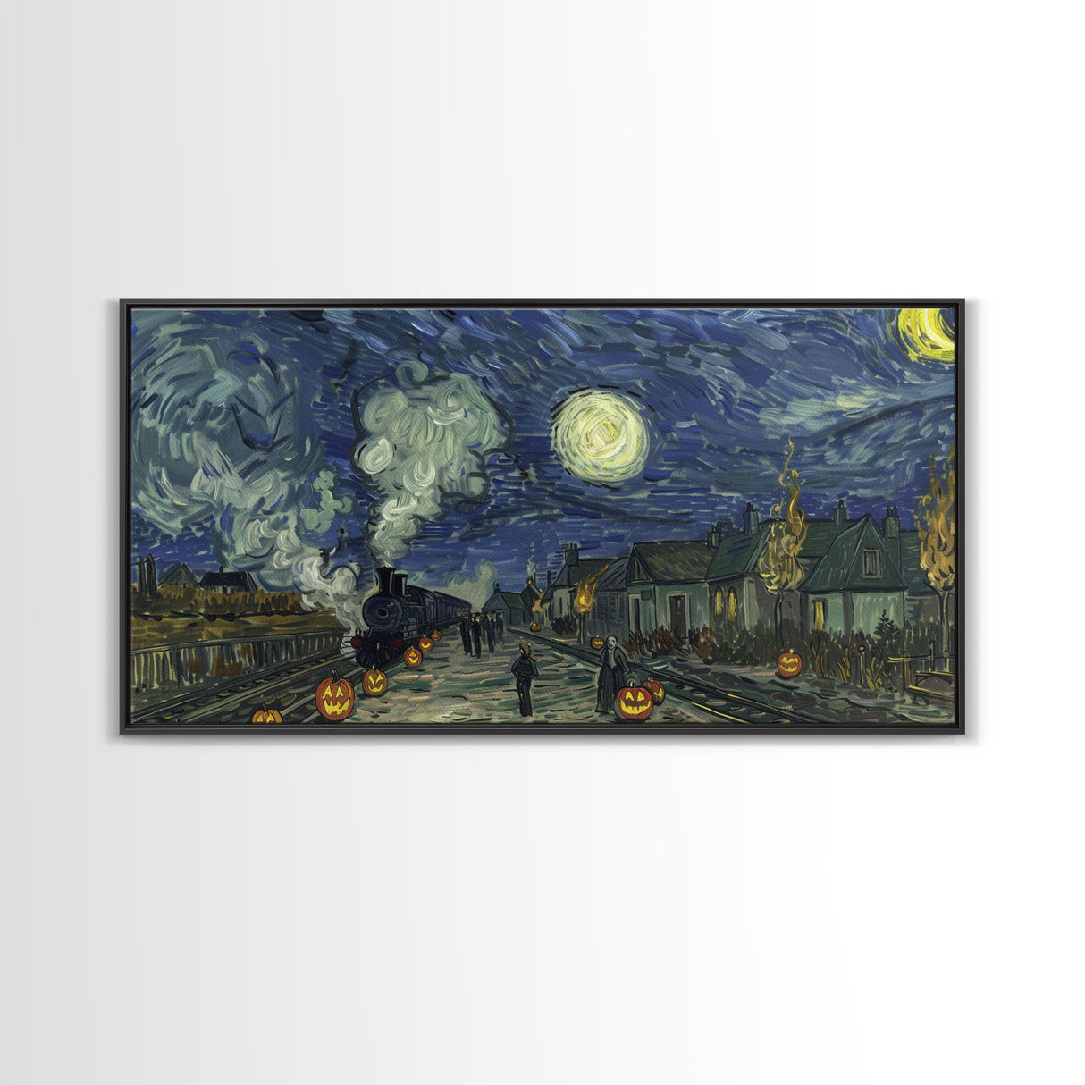 Starry Night Inspired Haunted Steam Train, Framed Canvas Print, Spooky Halloween Wall Art