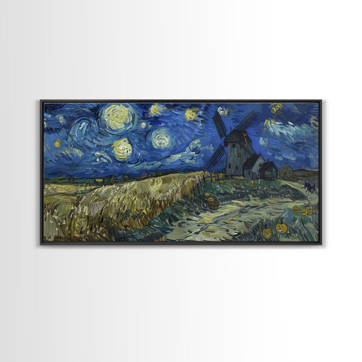 Starry Night Inspired Haunted Wind Mill, Framed Canvas Print, Spooky Halloween Wall Art
