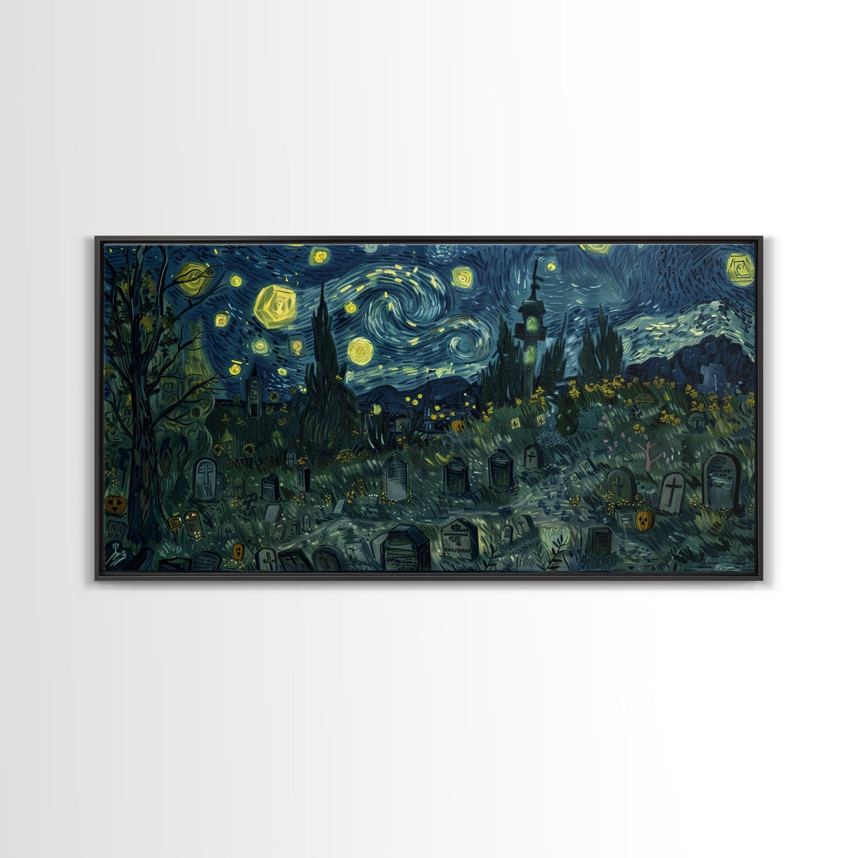 Starry Night Inspired Haunted Graveyard Framed Canvas Print, Halloween Wall Decor, Halloween Props, Halloween Gift Idea