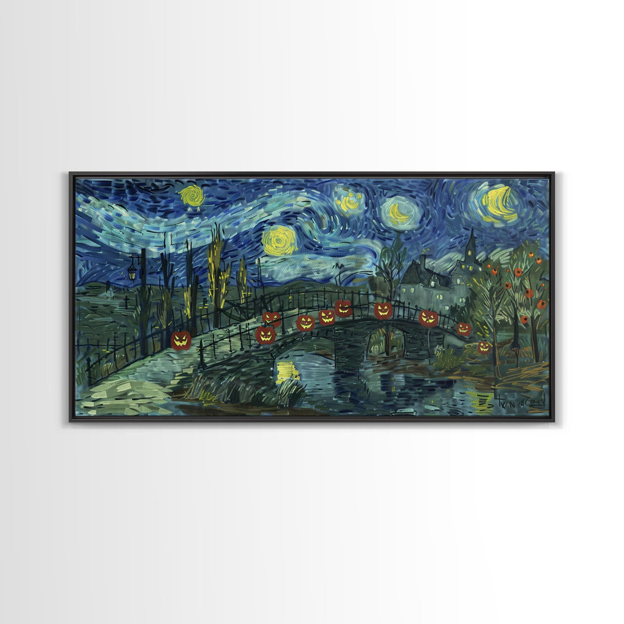 London at Midnight, Framed Canvas Print, Starry Night Inspired Victorian London, Dark Academia Halloween Wall Art