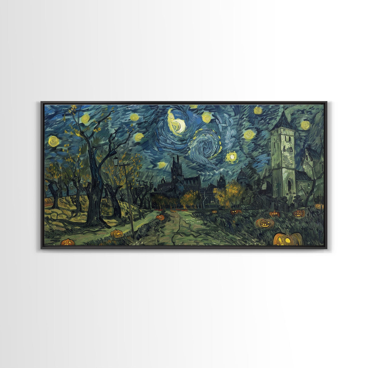 Haunted Halloween Cemetary, Starry Night Inspired Halloween Decor, Framed Canvas Print, Halloween Props