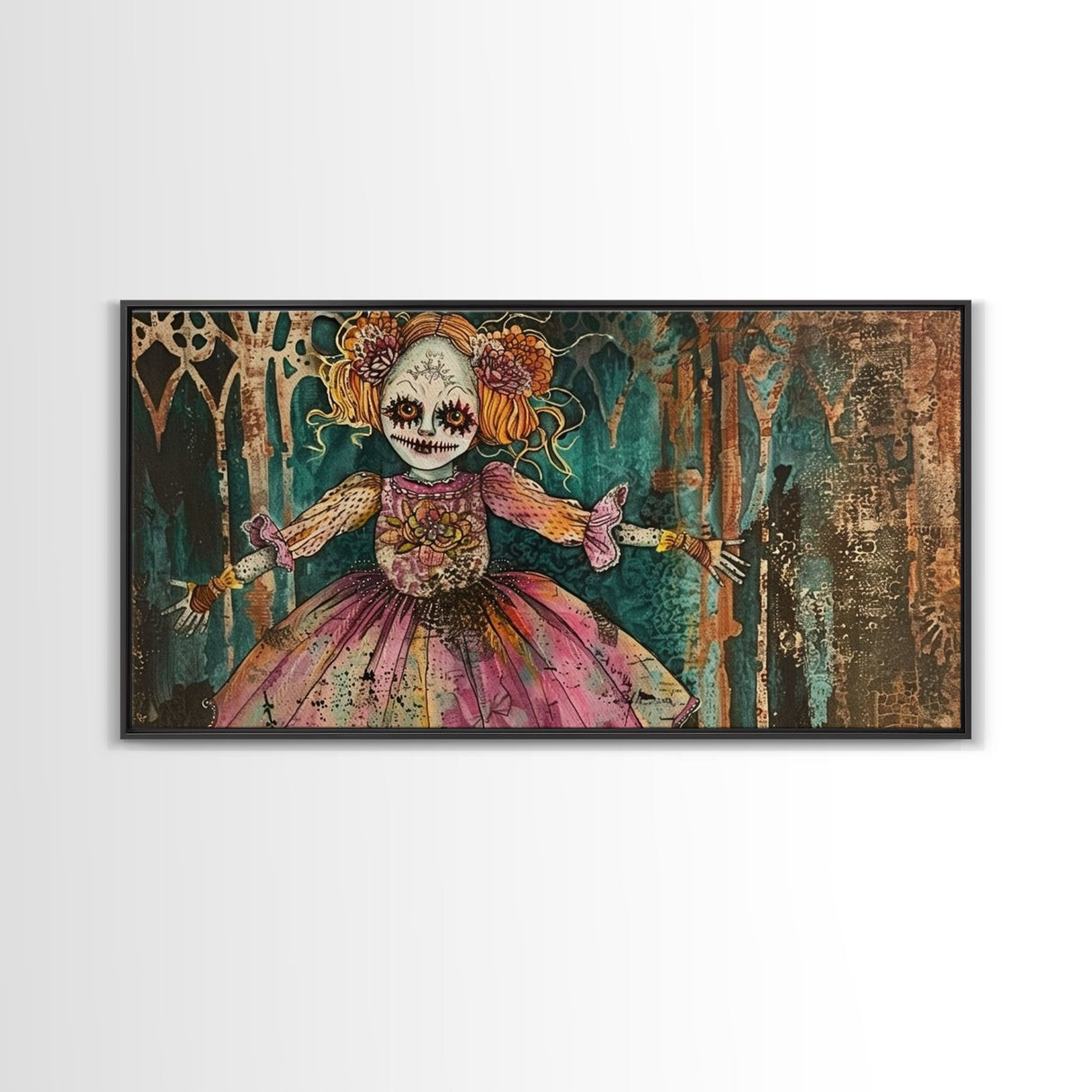 Creepy Doll Wall Art, Framed Canvas Print, Spooky Season Spooky Vibes Wall Art, Halloween Decor