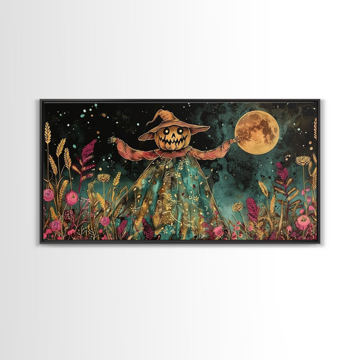 Spooky Jack O' Lantern Scarecrow, Framed Canvas Print, Dark Academia, Halloween Decor, Spooky Season Wall Art