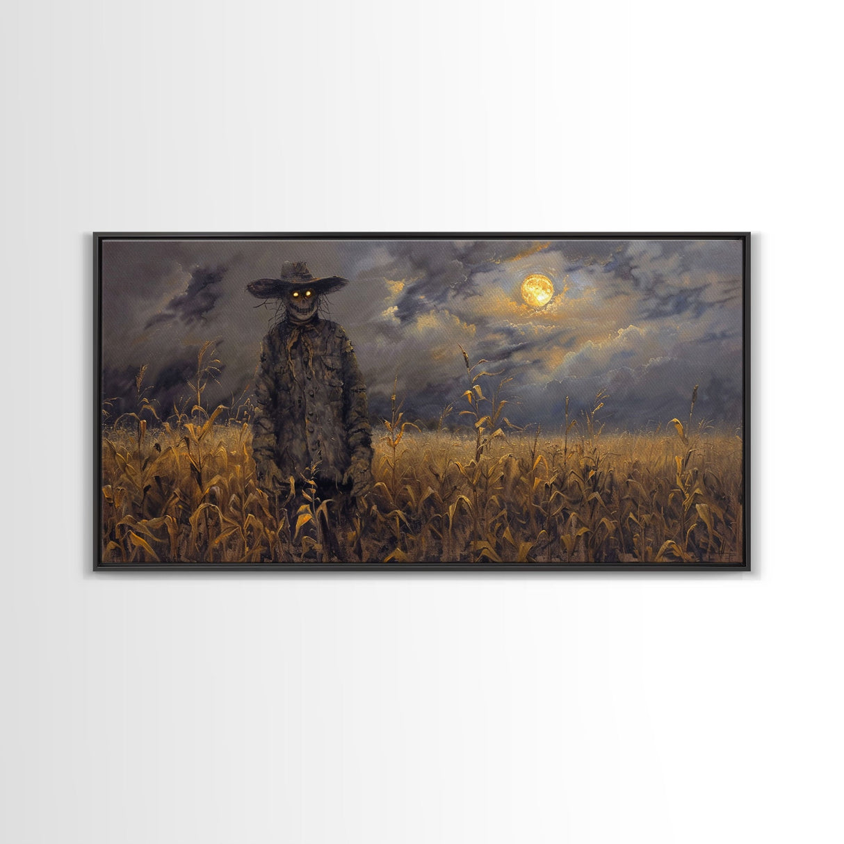 Scarecrow Under A Full Moon - Framed Canvas Print - Spooky Wall Art - Halloween Decor
