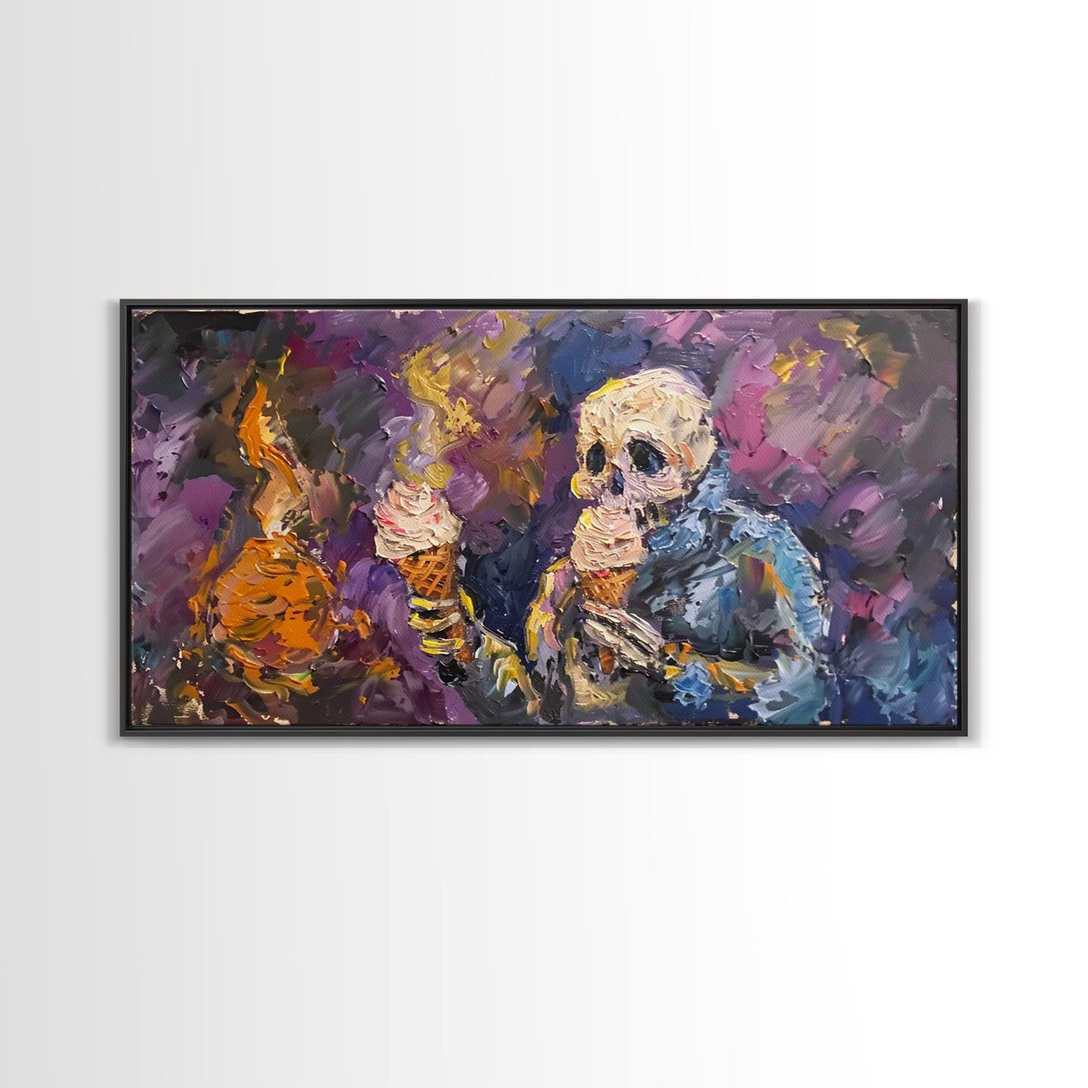 Spooky Skeleton having TWO ice cream cones! Why does he need two? Halloween Art, Framed Canvas Print