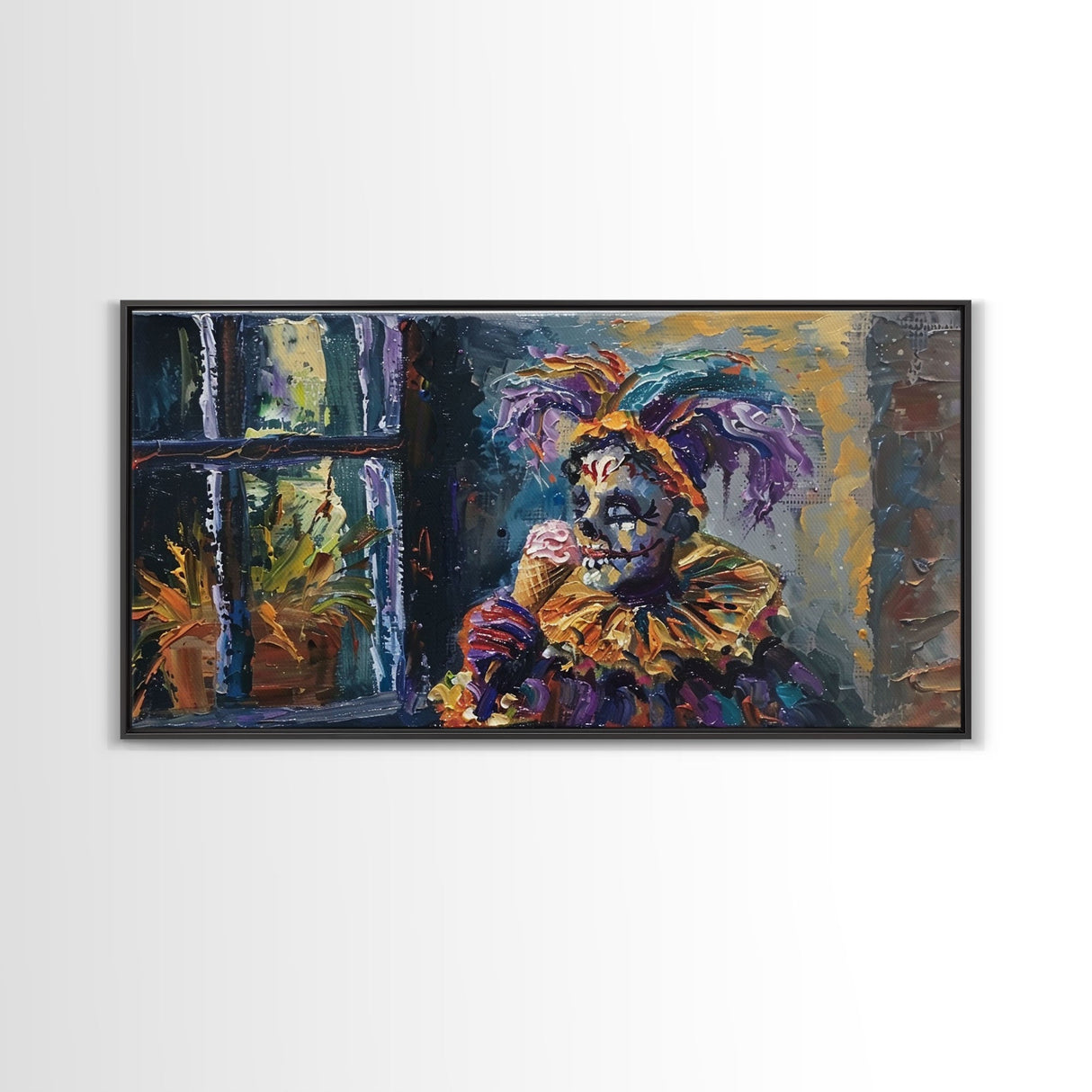 Spooky Court Jester Having an Ice Cream, Funny Halloween Art, Framed Canvas Print