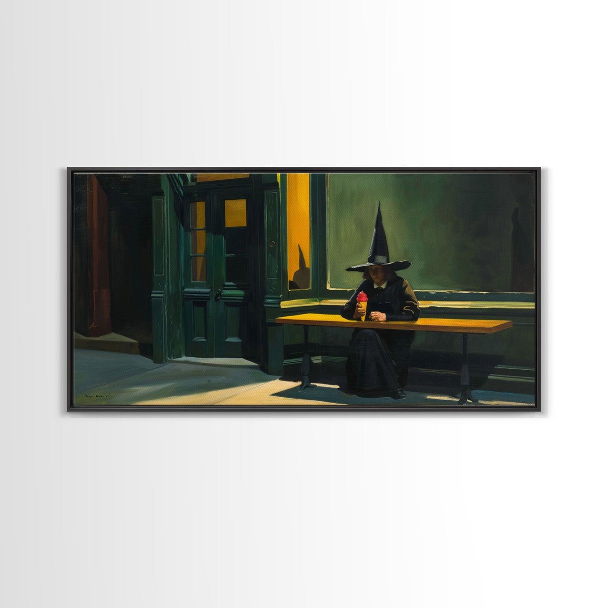 Sad Witch Having an Ice Cream Cone, Funny Halloween Art, Framed Canvas Print, Liminal Art