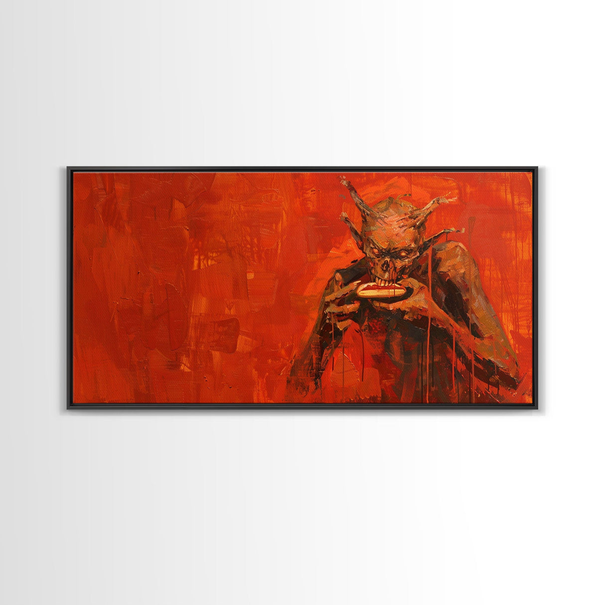 Scary Demon Having a Hot Dog, must be a baseball fan. Funny Halloween Wall Art Framed Canvas Print