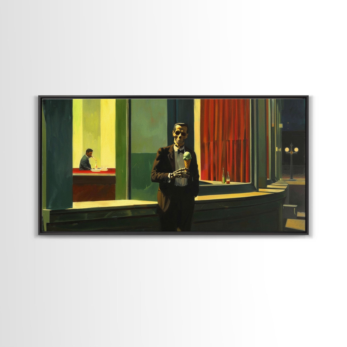 Liminal Halloween Art, Skeleton Having an Ice Cream Cone, Framed Canvas Print, Halloween Decor