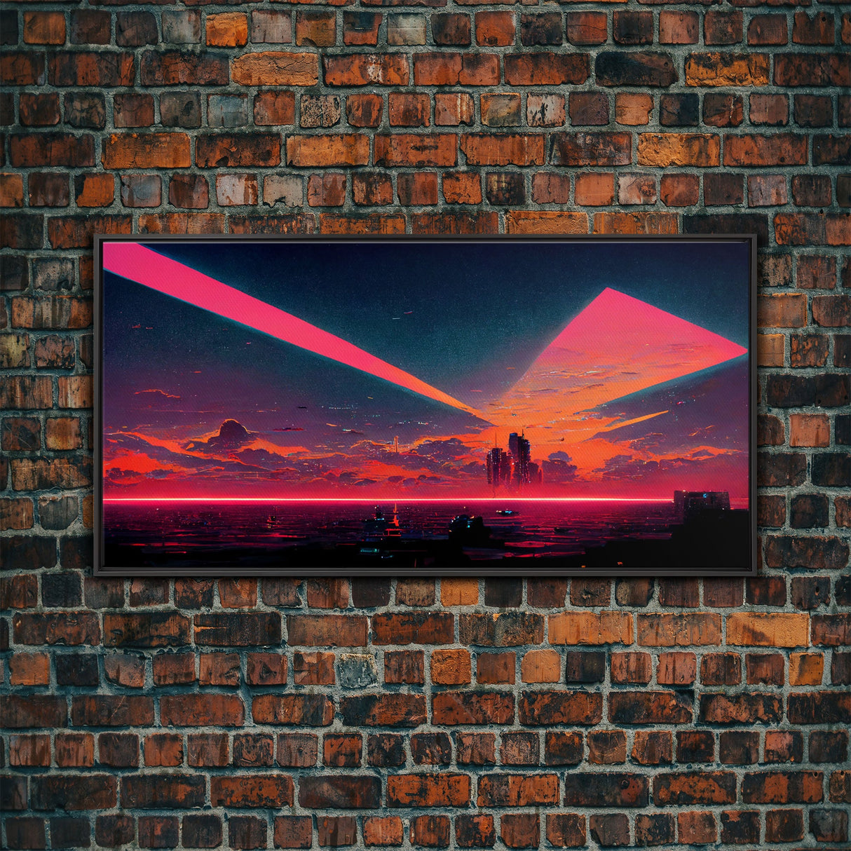Cyberpunk lake art, city canvas, video game concept art, living room wall art, dystopian art, outrun city at sunset, man cave canvas print