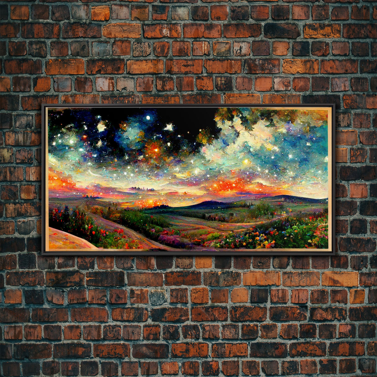 Night Starry Sky Landscape Framed Canvas Print, Colorful Night Sky Painting Nature Painting Living Room Wall Art Spiritual Starry Painting