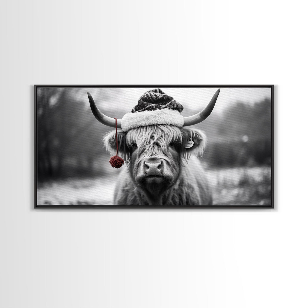 Highland Cow Wearing Santa Hat, Festive and Fun Framed Canvas Print for Holiday Wall Art, Living Room or Bedroom Decor