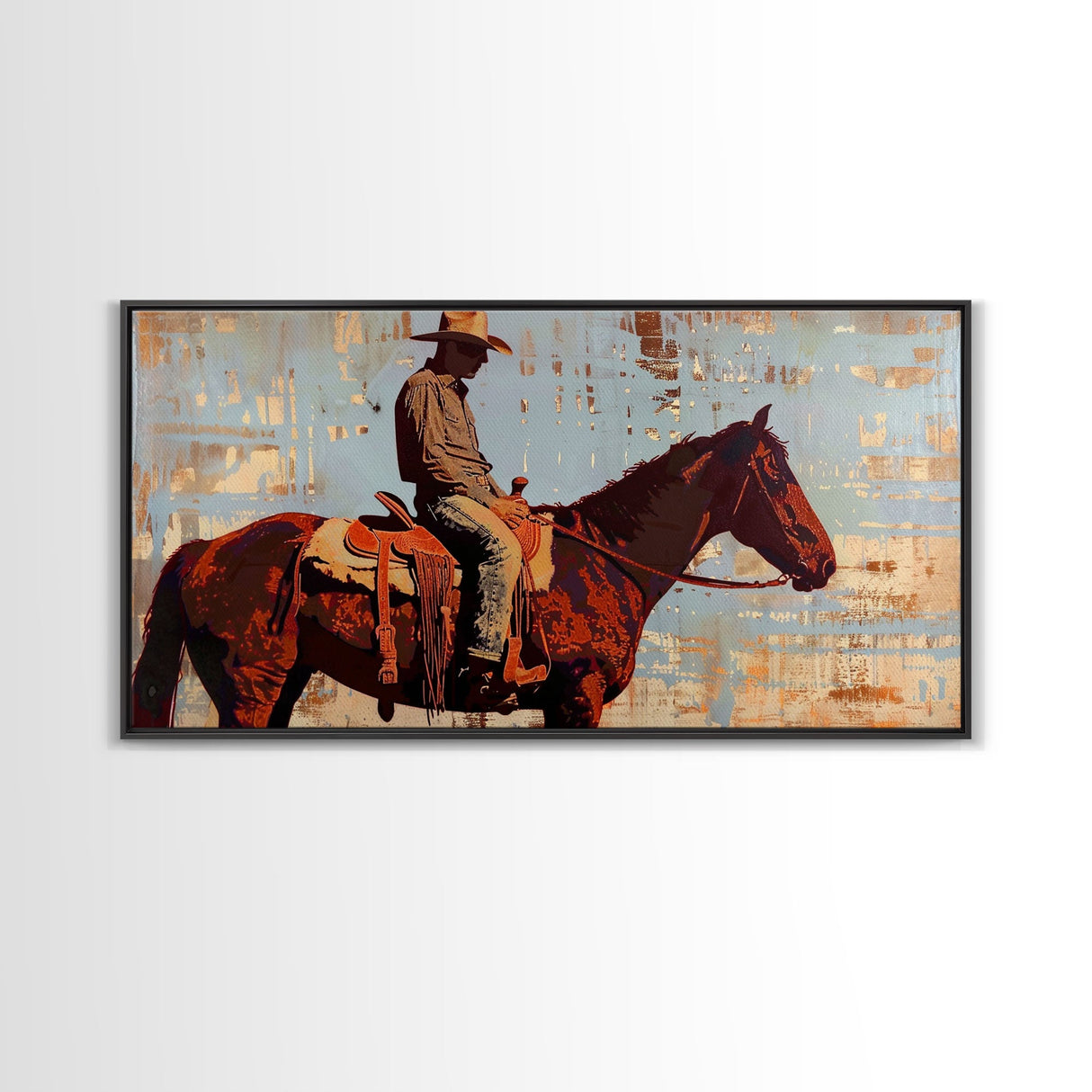 Cowboy on Horse with Rustic Background, Stunning Wall Art, Framed Canvas Print, Boho Bedroom Decor, Western Home Decoration