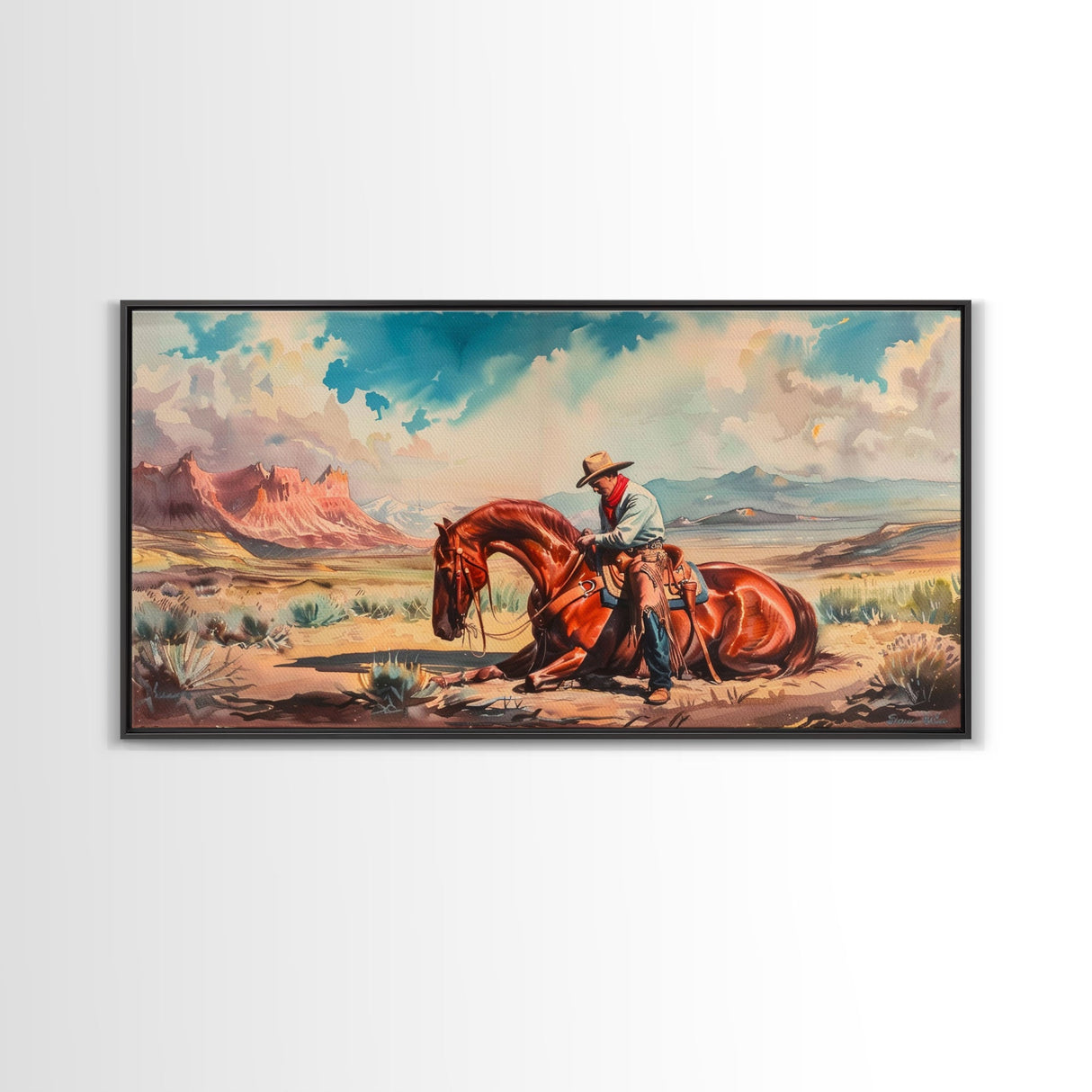 Cowboy Comforting Horse in Open Plains, Farmhouse Western Decor, Framed Canvas Print, Country Living Art, Rustic Wall Art for Home