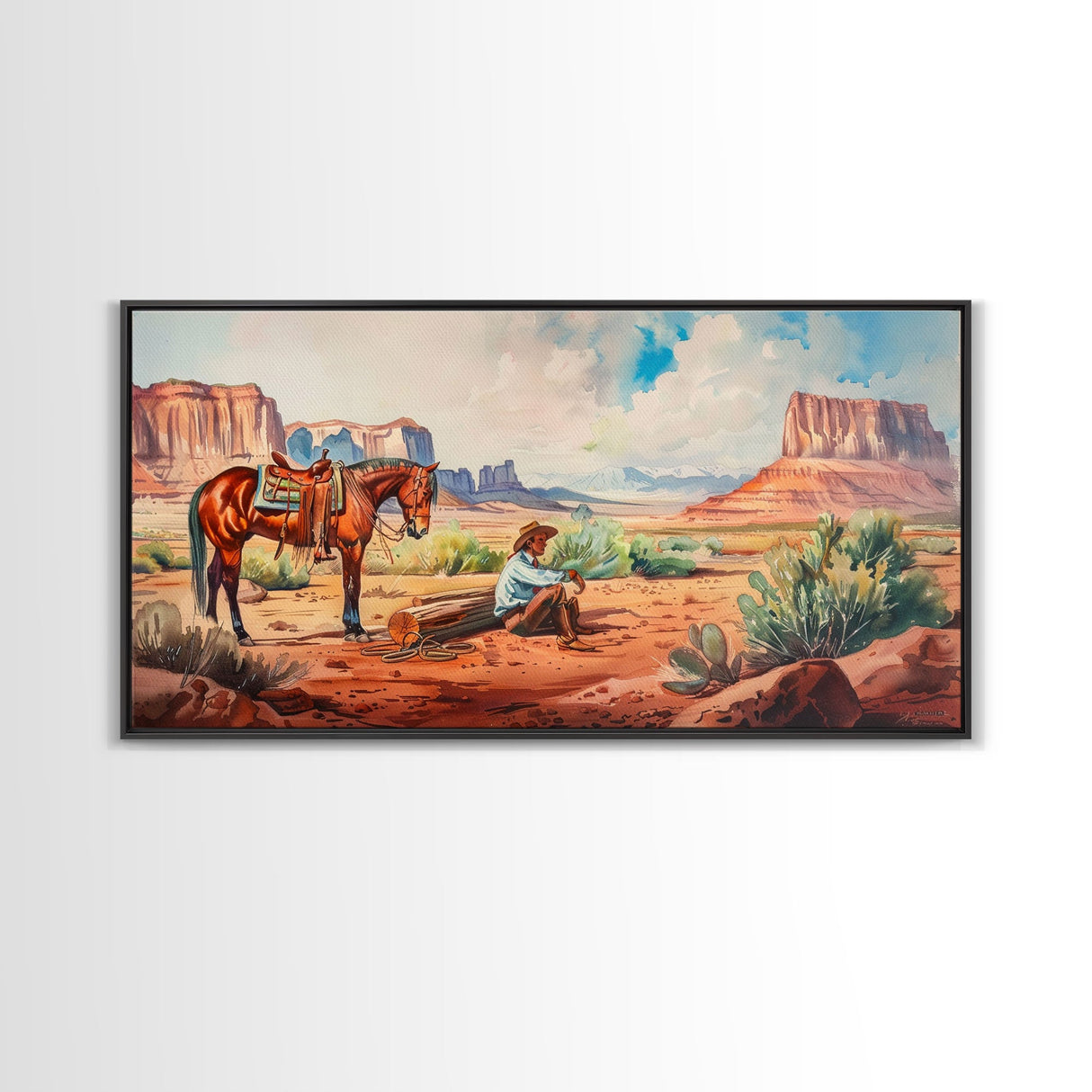Cowboy Resting by Horse in Desert Scene, Rustic Farmhouse Art, Framed Canvas Print, Western Decor, Living Room Wall Art, Country Style