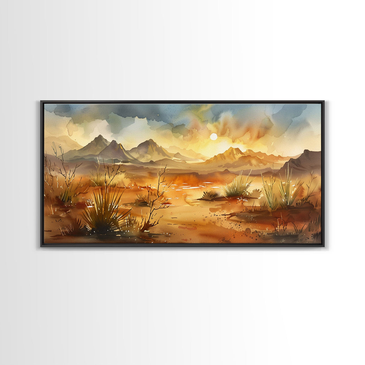Tranquil Autumn Trees in Open Field with Mountain Background, Ideal Framed Canvas Print for Bedroom, Farmhouse Style Wall Art