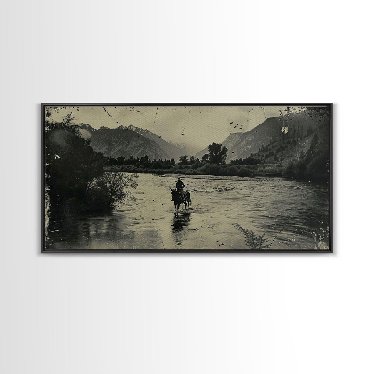 Cowboy Crossing River with Mountains, Framed Canvas Print for Western Living Room Decor, Ideal Bedroom Wall Art, Rustic Scene