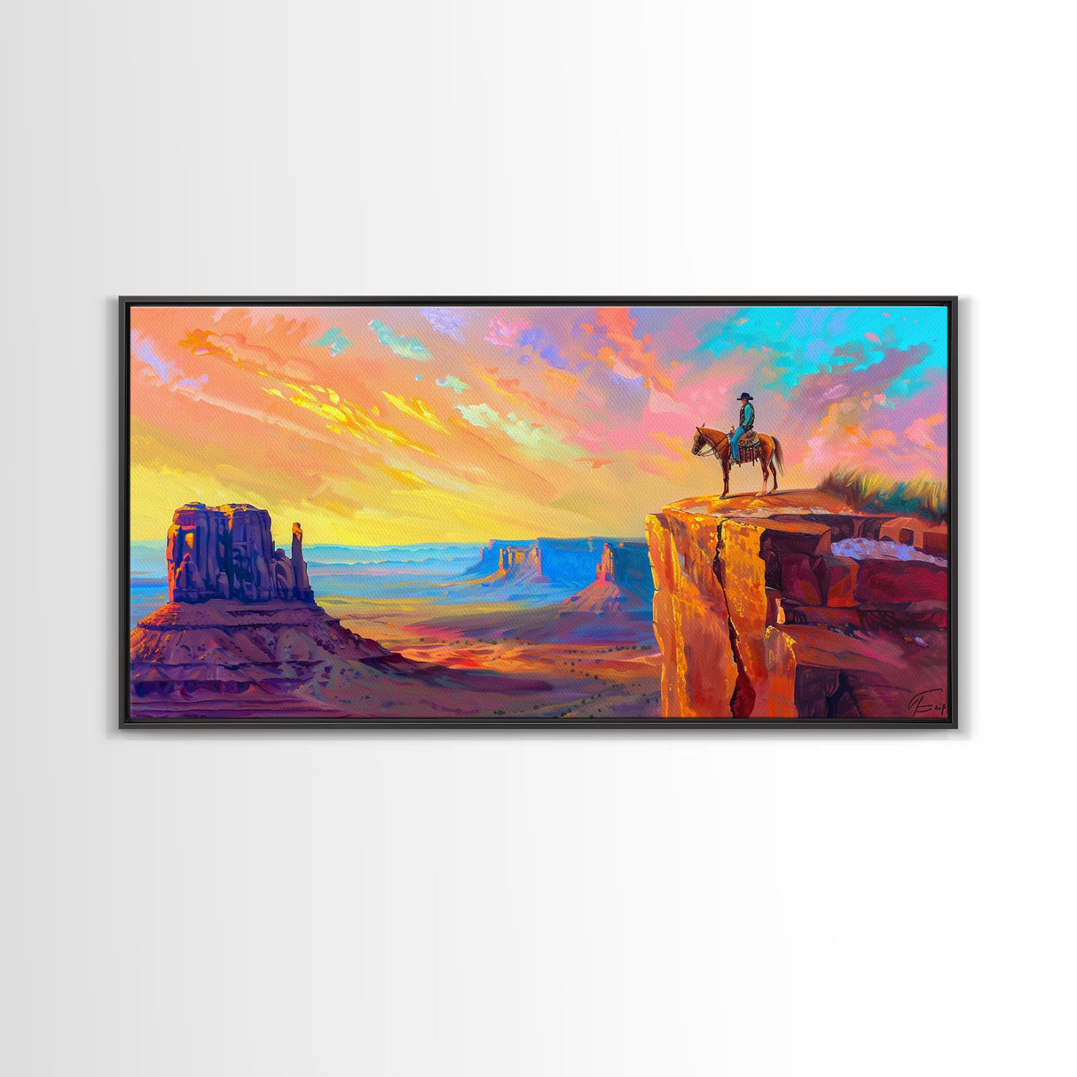 Cowboy with Horse on Cliff Edge, Farmhouse Style Framed Canvas Print for Living Room Wall Art, Vibrant Home Decor, Western Scenic Art