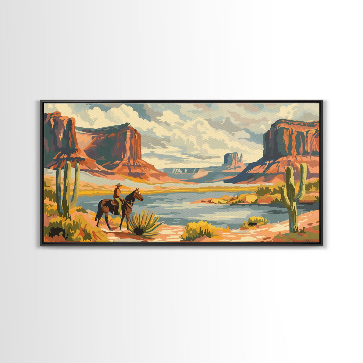 Cowboy in Monument Valley Landscape, Framed Canvas Print for Rustic Living Room Decor, Western Art for Bedroom and Home Decoration