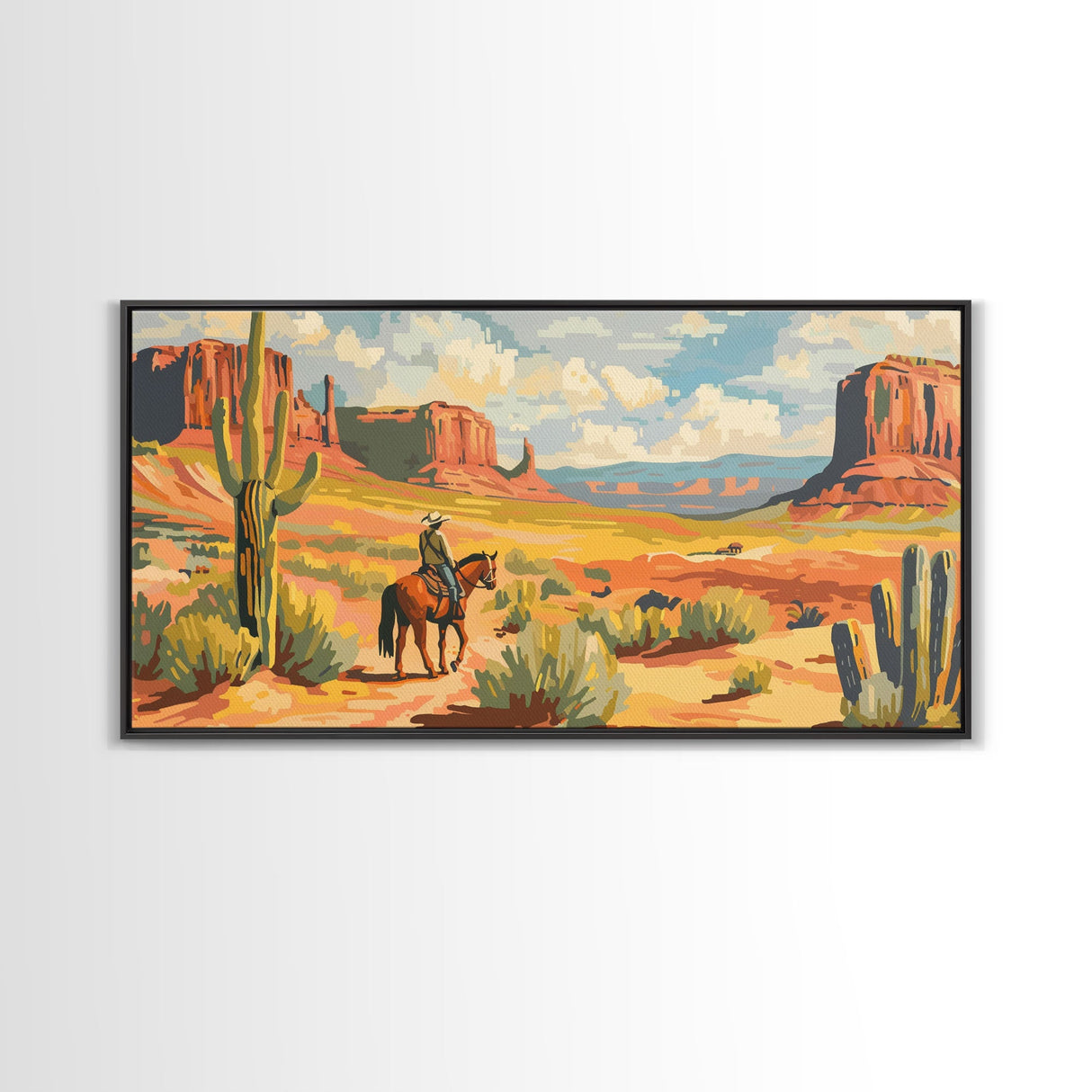 Cowboy in Desert Valley, Framed Canvas Print for Rustic Living Room Decor, Western Art for Home and Bedroom Decoration