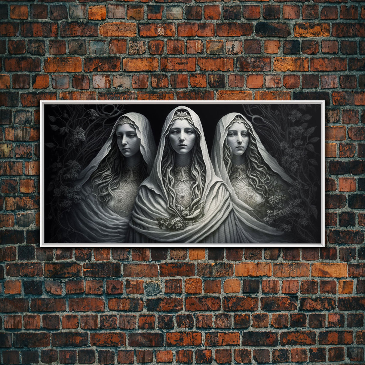 The Norns, Norse Mythology, Weavers of Fate, Framed Canvas Print, Urðr, Verðandi, and Skuld, Black and White Norse Fantasy Art