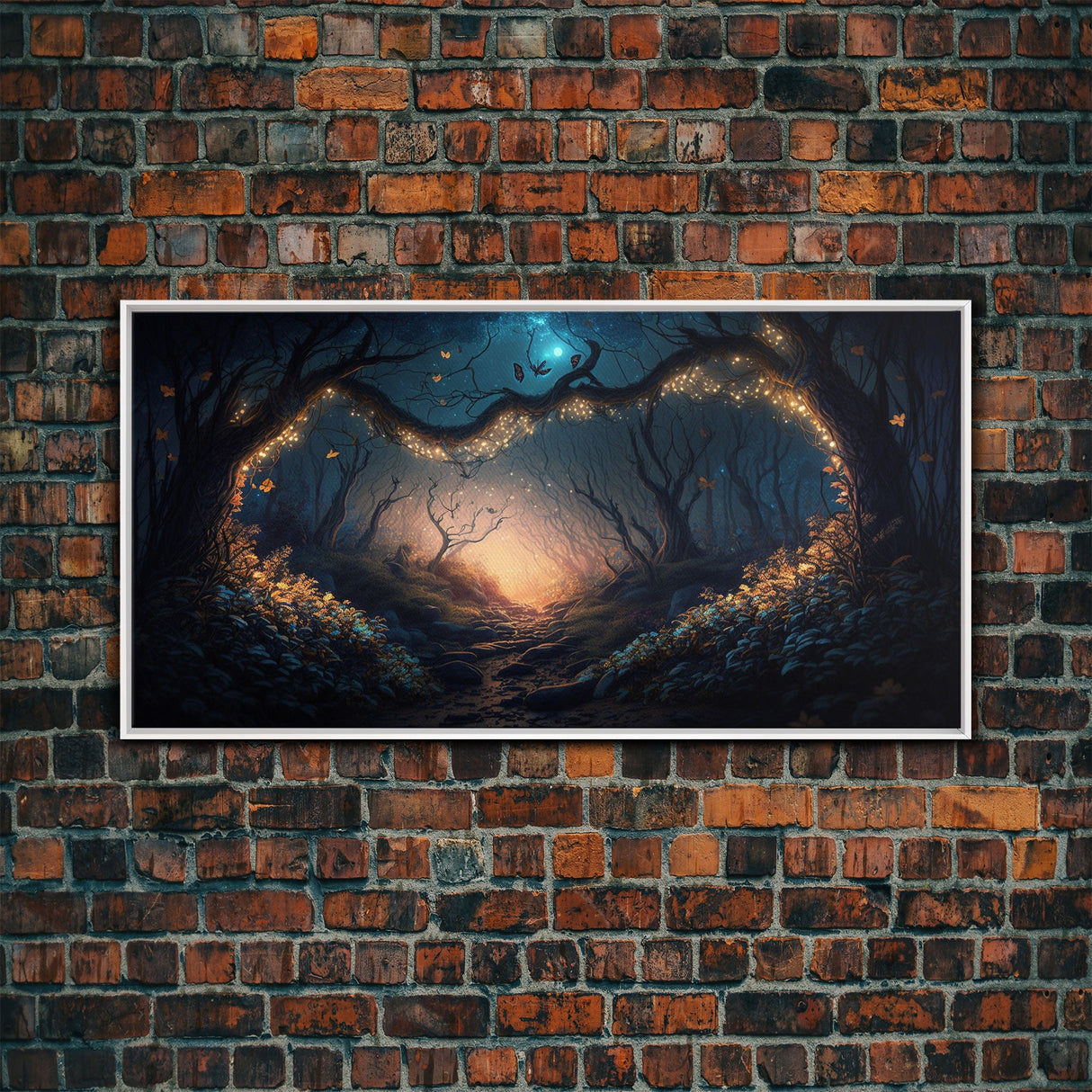 Wreath of Fireflies, Beautiful Fantasy Art, Framed Canvas Print, Moonlit Forest Floor Fantasy Concept Art
