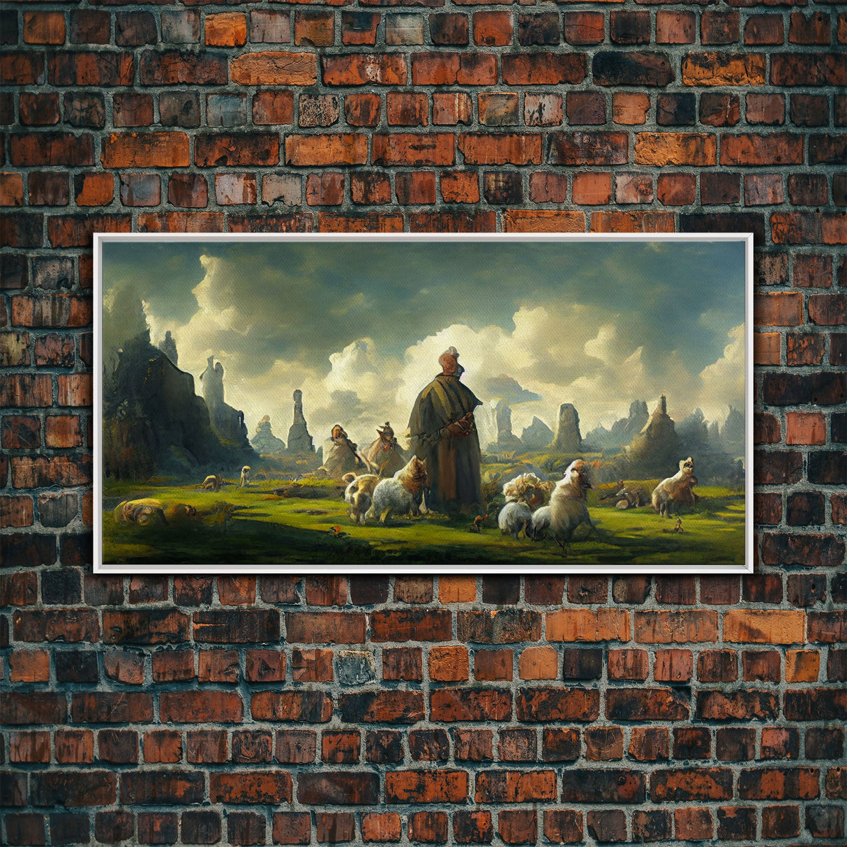 Shepherd and his flock, sheep painting, farmhouse art, watercolor canvas print, Giclee print
